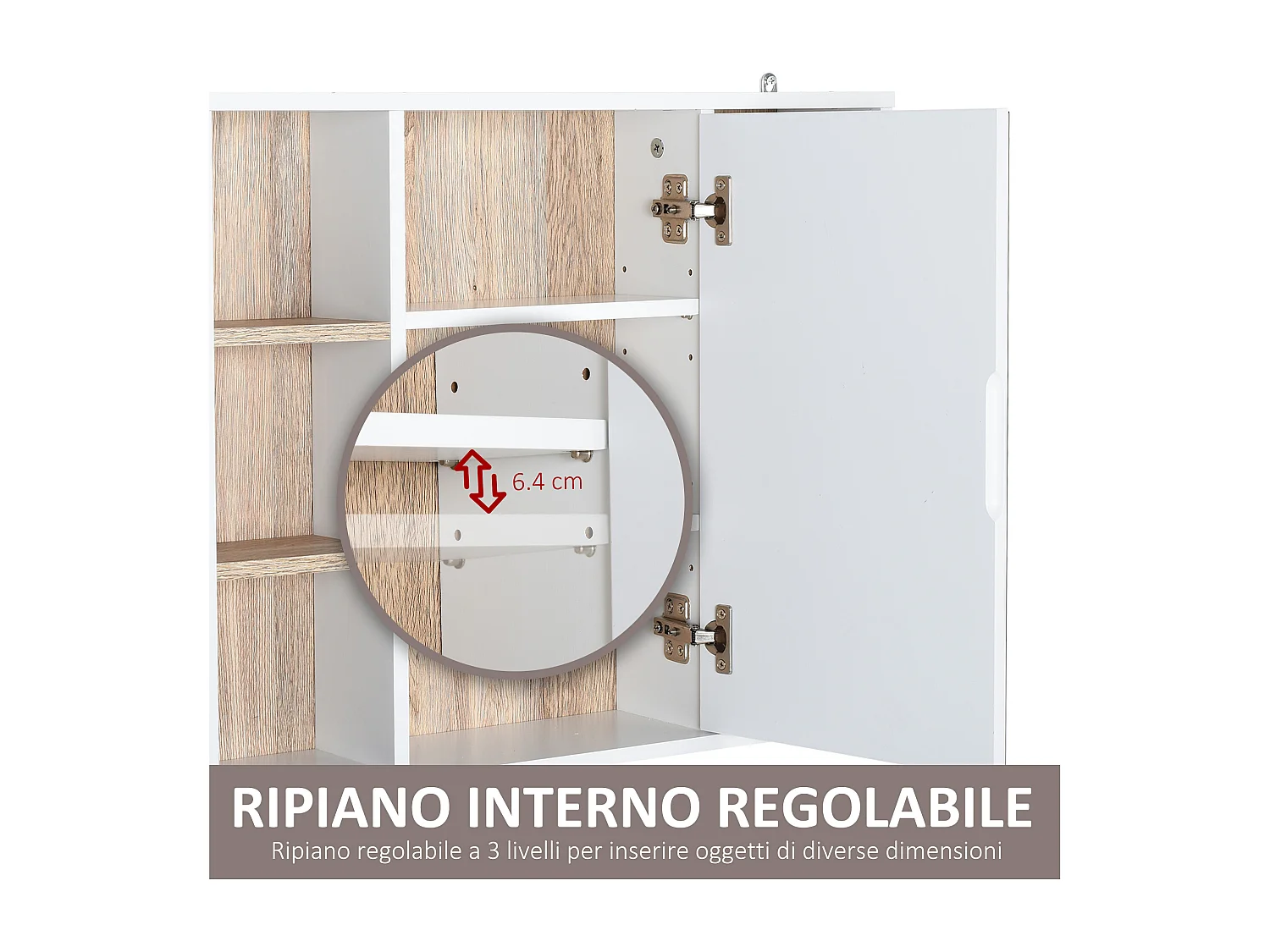 Armadietto con specchio 3 ripiani regolabili e ripiano interno