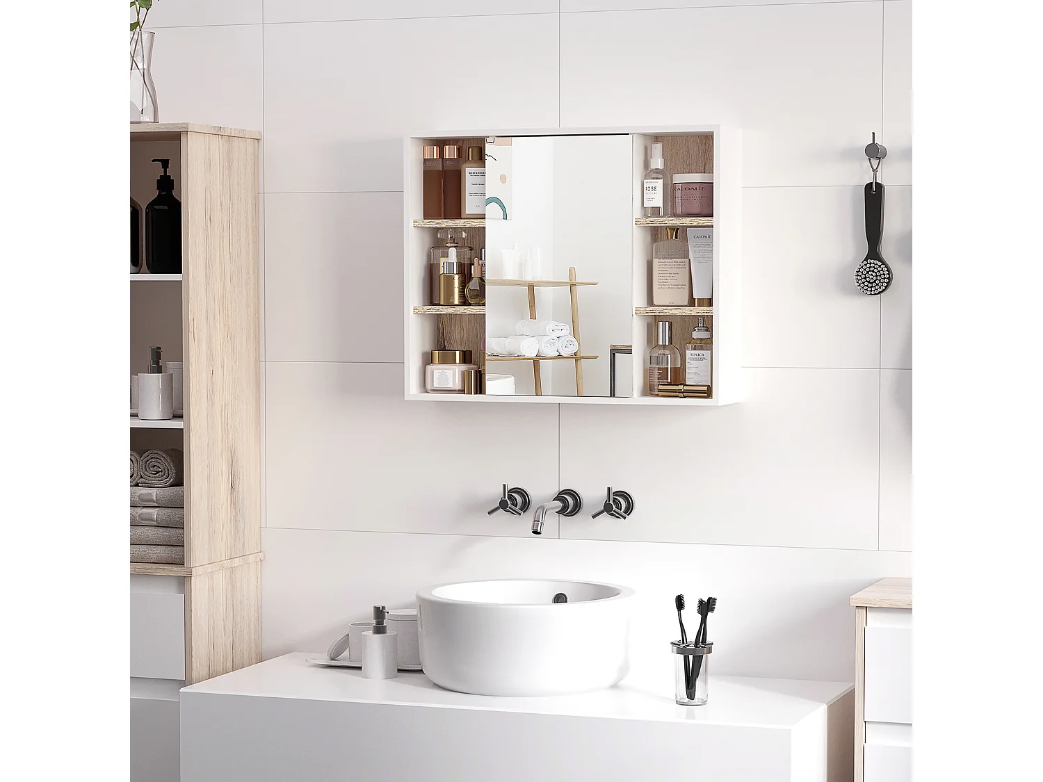 Armadietto con specchio 3 ripiani regolabili e ripiano interno