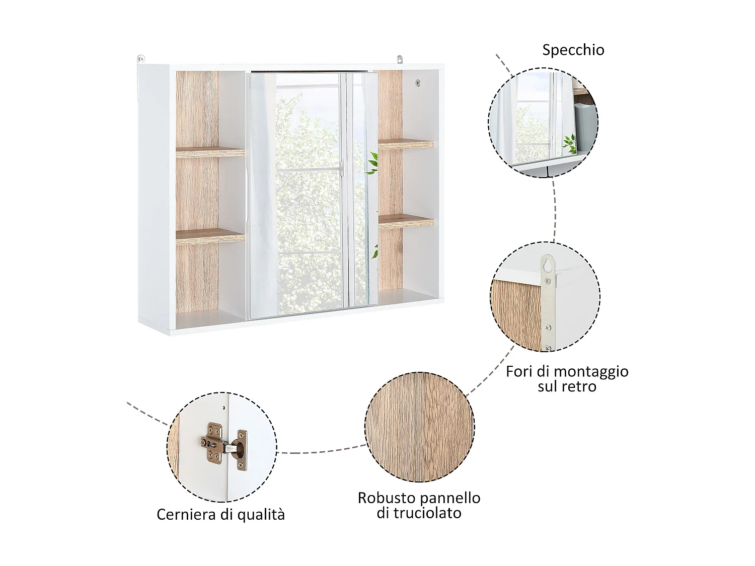 Armadietto con specchio 3 ripiani regolabili e ripiano interno