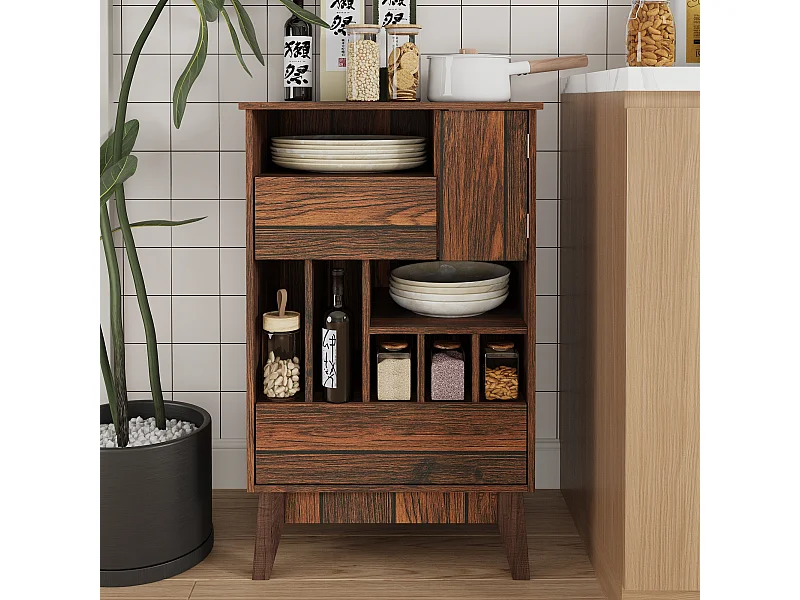 Buffet de Cuisine avec 1 Porte, 2 Tiroirs et 7 Compartiments Ouverts pour Salle de Séjour et Restaurant, 50 x 40 x 80 CM, Marron