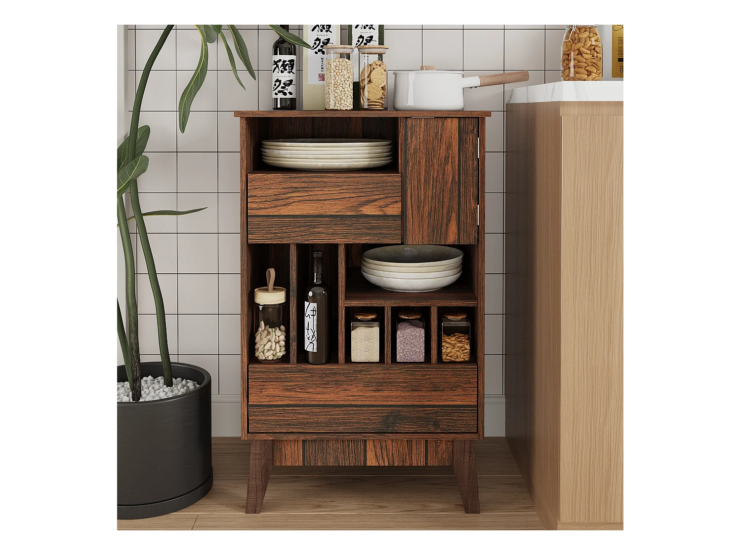 Buffet de Cuisine avec 1 Porte, 2 Tiroirs et 7 Compartiments Ouverts pour Salle de Séjour et Restaurant, 50 x 40 x 80 CM, Marron