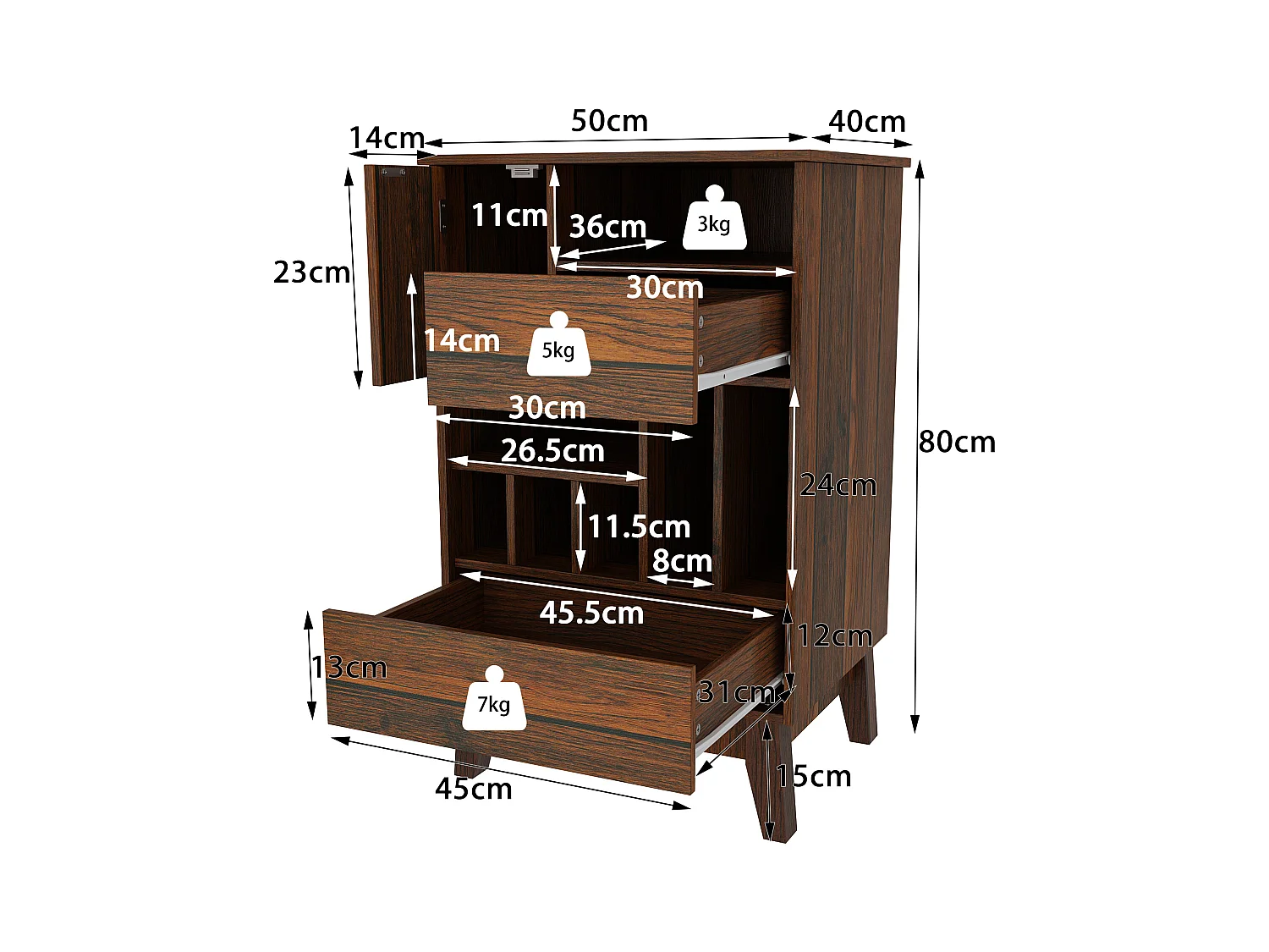 Buffet de Cuisine avec 1 Porte, 2 Tiroirs et 7 Compartiments Ouverts pour Salle de Séjour et Restaurant, 50 x 40 x 80 CM, Marron