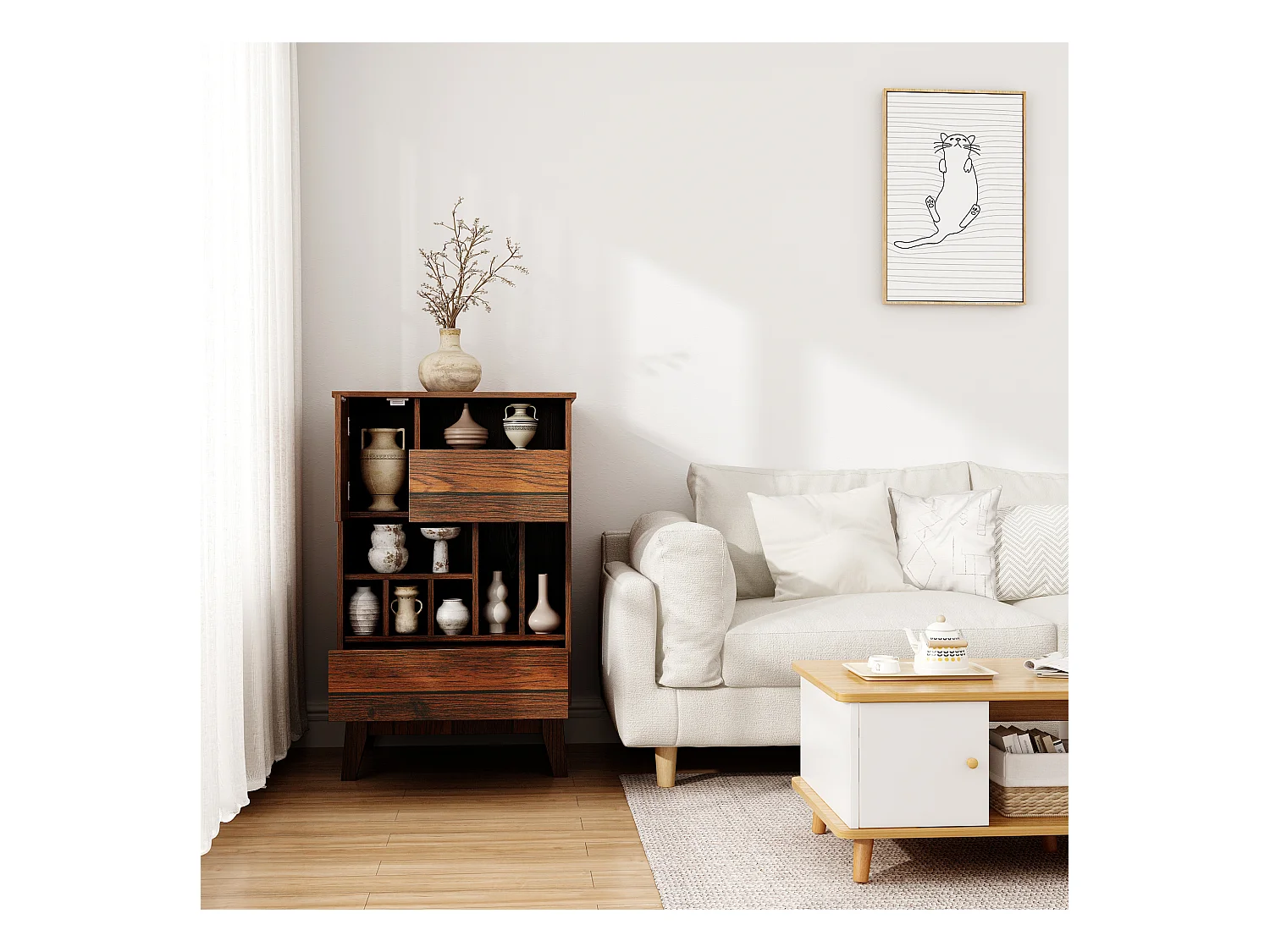 Buffet de Cuisine avec 1 Porte, 2 Tiroirs et 7 Compartiments Ouverts pour Salle de Séjour et Restaurant, 50 x 40 x 80 CM, Marron