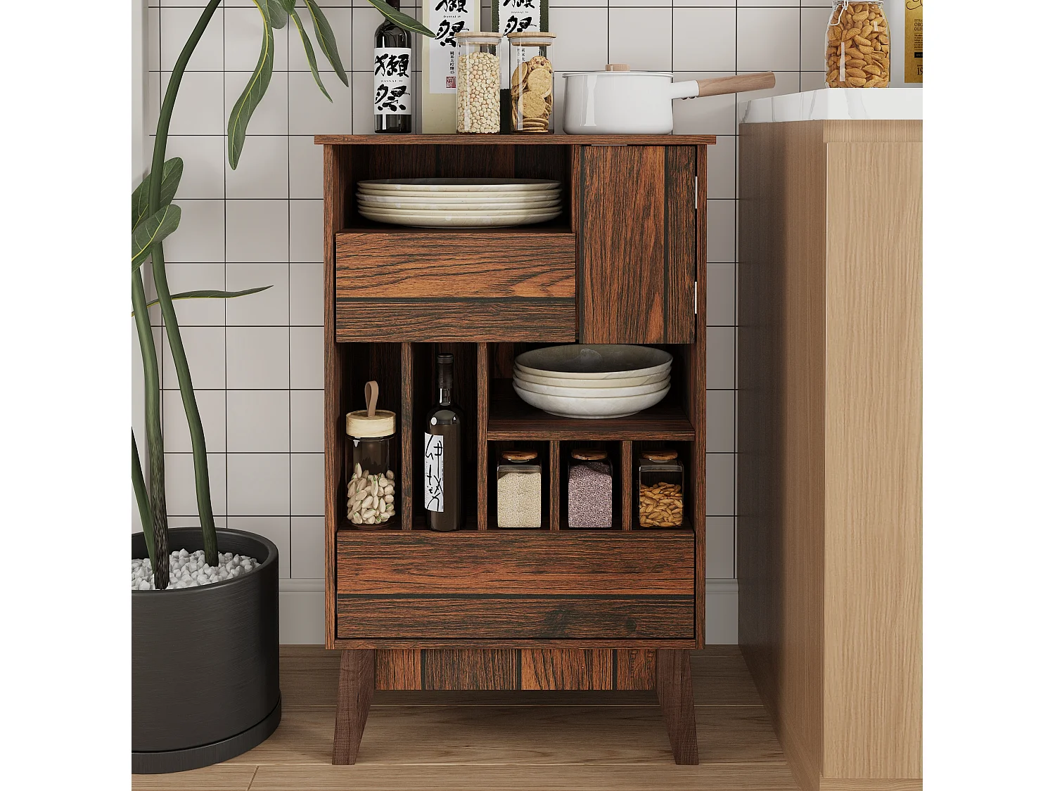 Buffet de Cuisine avec 1 Porte, 2 Tiroirs et 7 Compartiments Ouverts pour Salle de Séjour et Restaurant, 50 x 40 x 80 CM, Marron