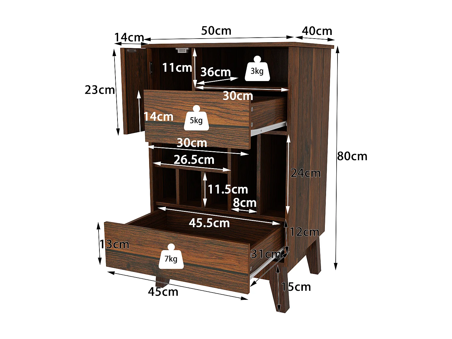 Buffet de Cuisine avec 1 Porte, 2 Tiroirs et 7 Compartiments Ouverts pour Salle de Séjour et Restaurant, 50 x 40 x 80 CM, Marron