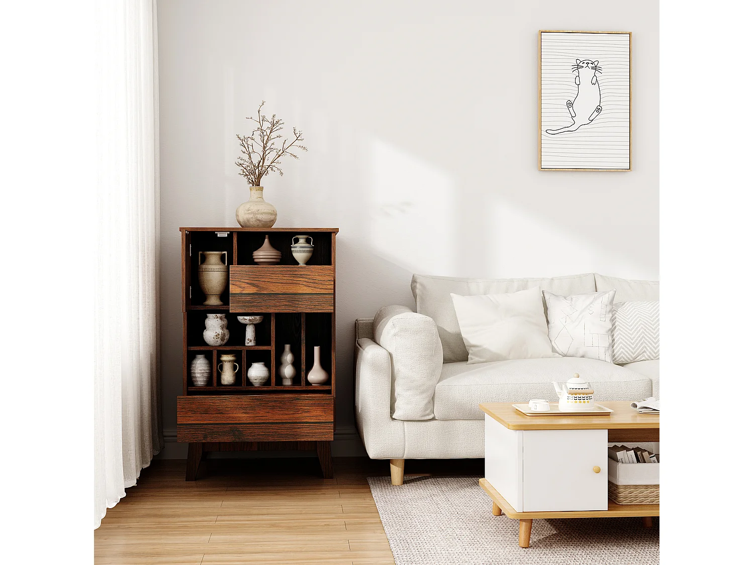 Buffet de Cuisine avec 1 Porte, 2 Tiroirs et 7 Compartiments Ouverts pour Salle de Séjour et Restaurant, 50 x 40 x 80 CM, Marron