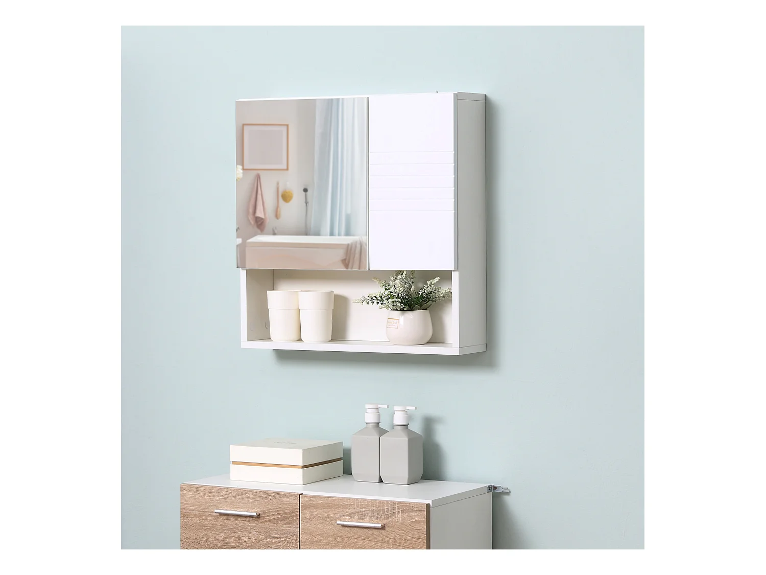 Mobiletto bagno pensile con specchiera 54x15x55cm bianco