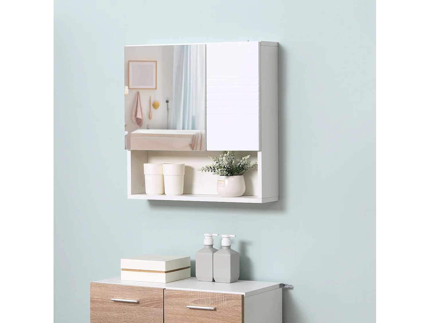 Mobiletto bagno pensile con specchiera 54x15x55cm bianco