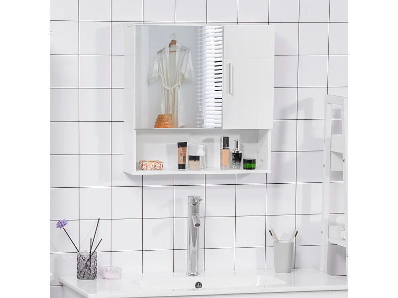 Specchiera bagno in legno a 2 ante con ripiano aperto bianco