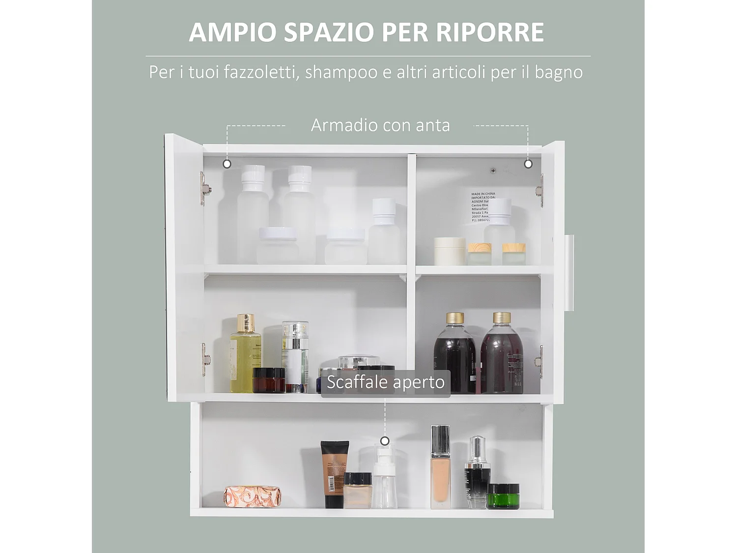 Specchiera bagno in legno a 2 ante con ripiano aperto bianco