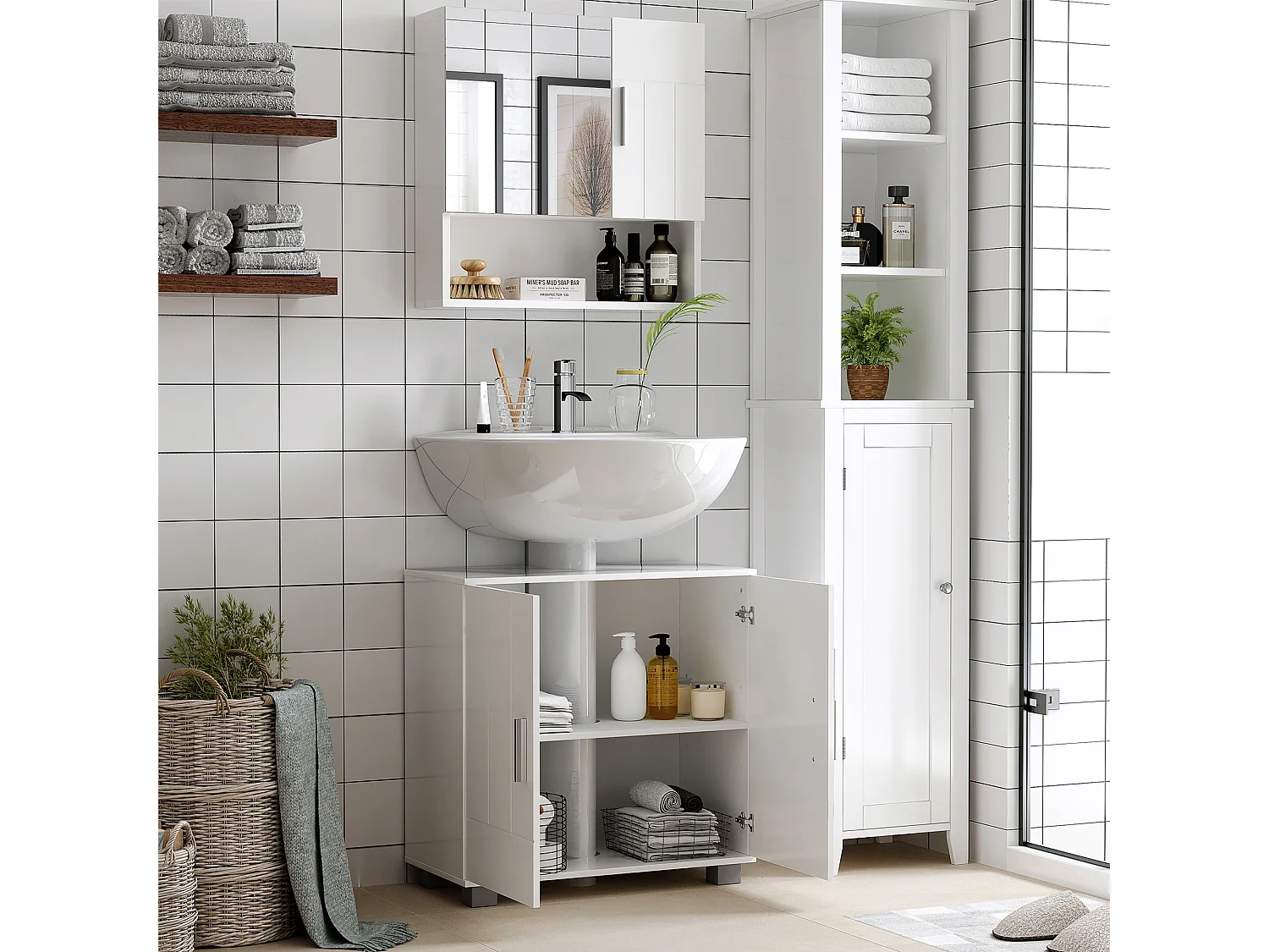 Specchiera bagno in legno a 2 ante con ripiano aperto bianco