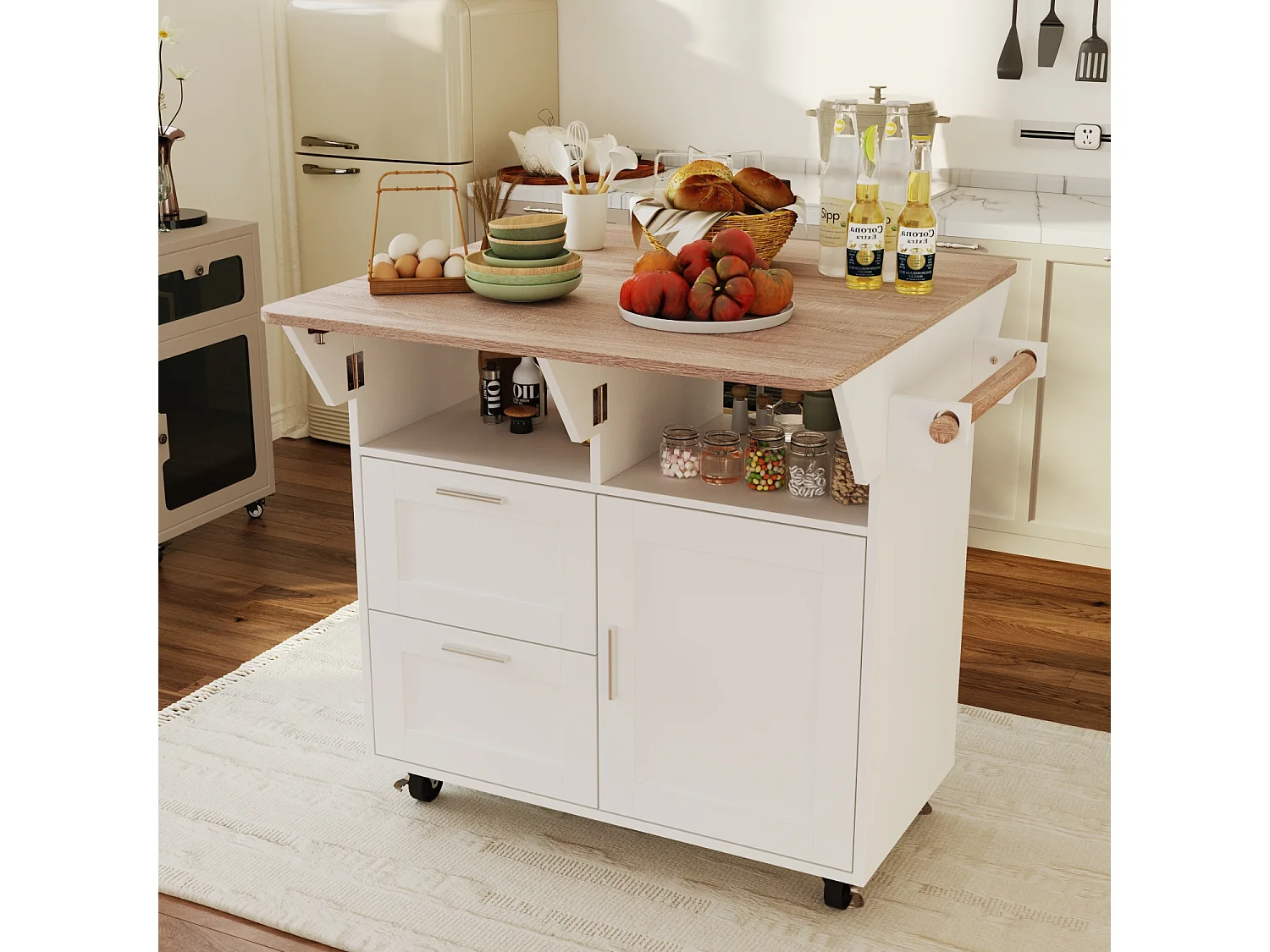 Îlot Central de Cuisine avec 2 Tiroirs, 2 Compartiments Ouverts, 1 Porte, Grand Plan de Travail Extensible, 80 x 80 x 80.5 CM, Blanc