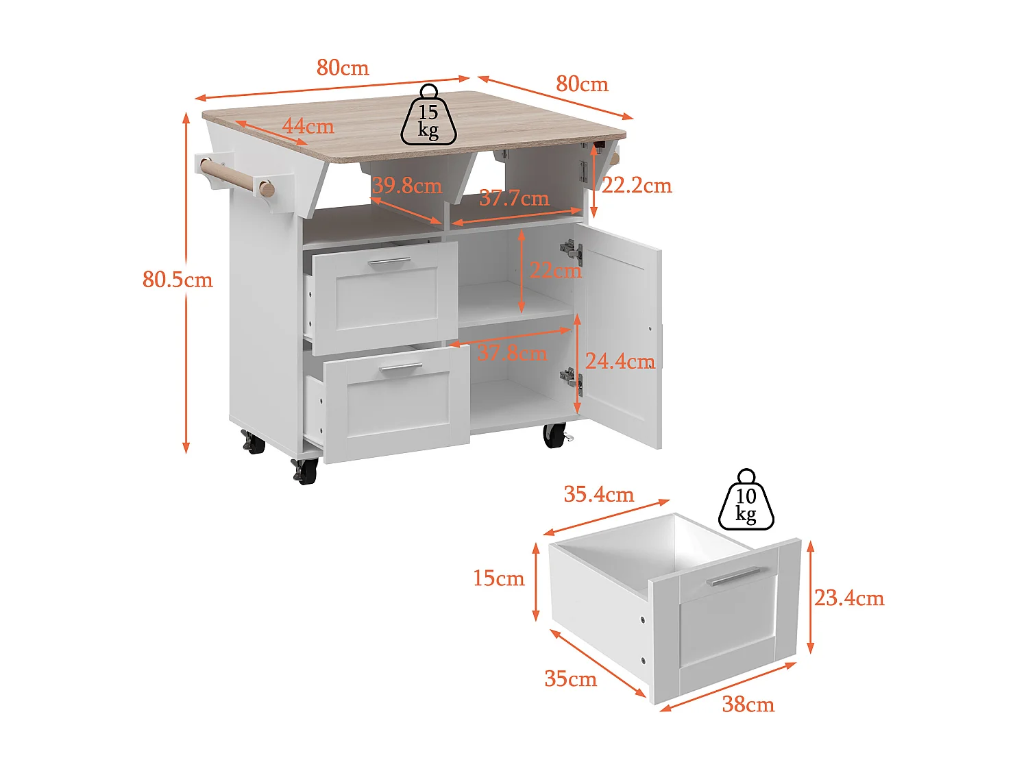Îlot Central de Cuisine avec 2 Tiroirs, 2 Compartiments Ouverts, 1 Porte, Grand Plan de Travail Extensible, 80 x 80 x 80.5 CM, Blanc