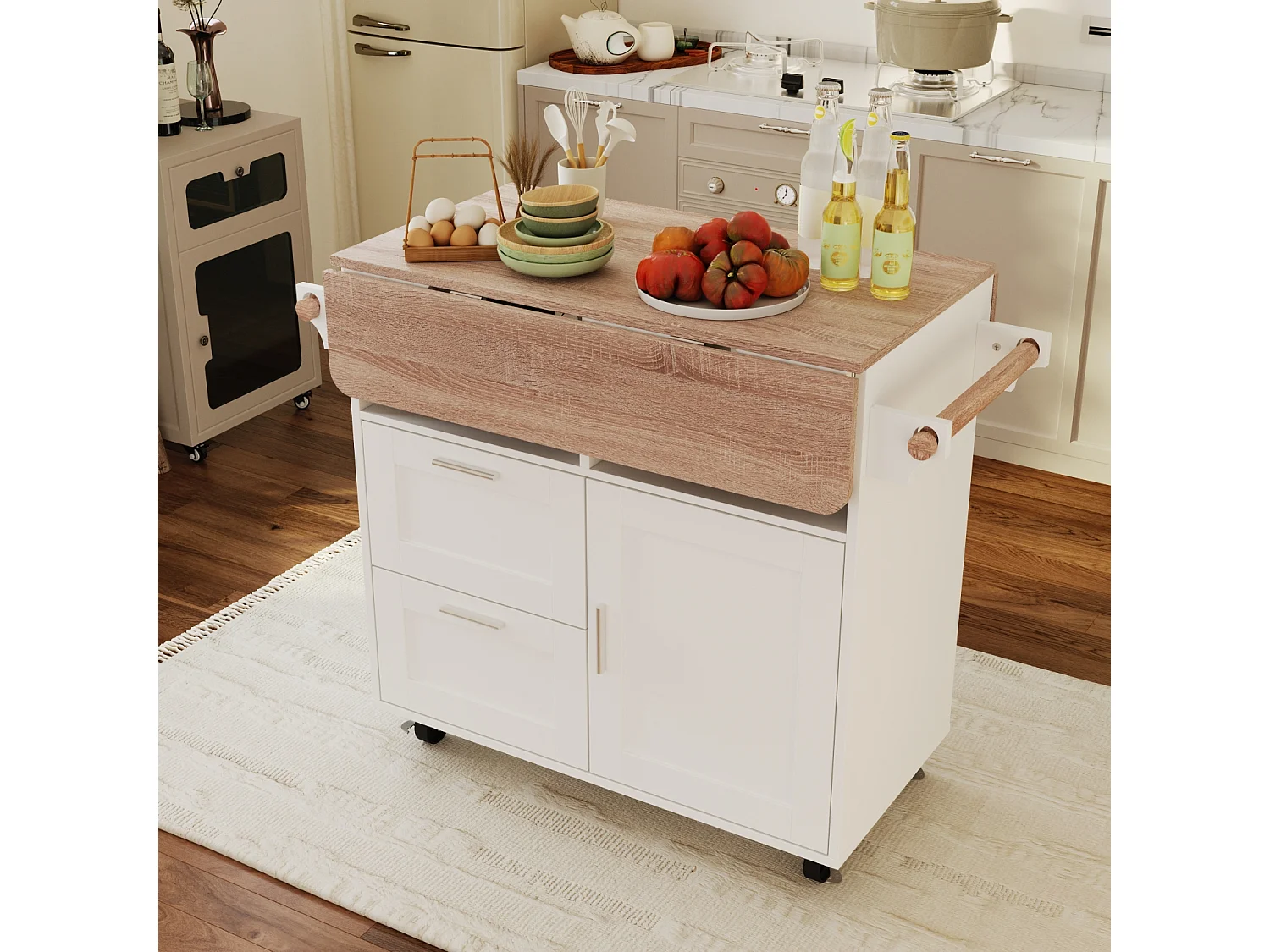 Îlot Central de Cuisine avec 2 Tiroirs, 2 Compartiments Ouverts, 1 Porte, Grand Plan de Travail Extensible, 80 x 80 x 80.5 CM, Blanc