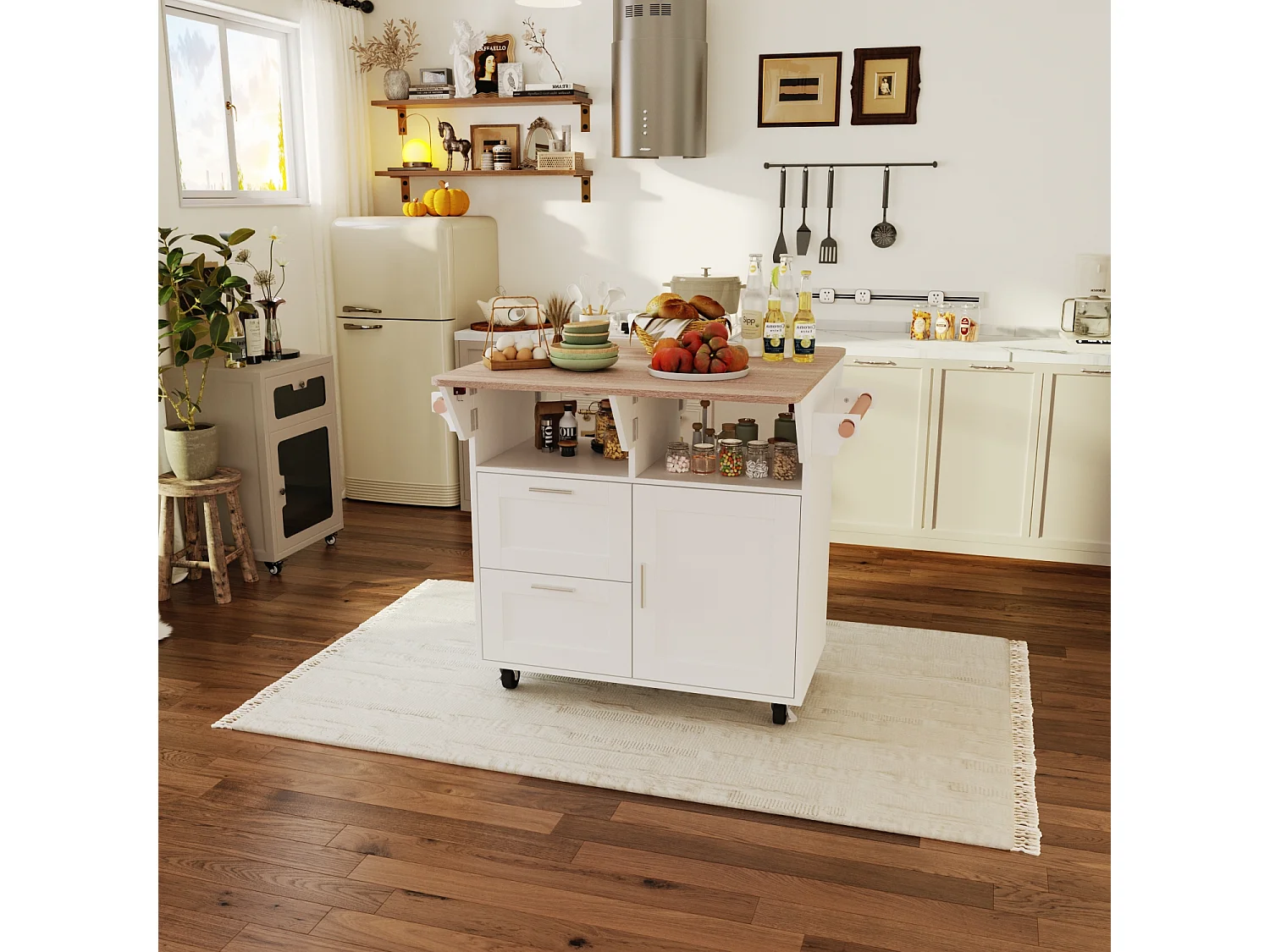 Îlot Central de Cuisine avec 2 Tiroirs, 2 Compartiments Ouverts, 1 Porte, Grand Plan de Travail Extensible, 80 x 80 x 80.5 CM, Blanc