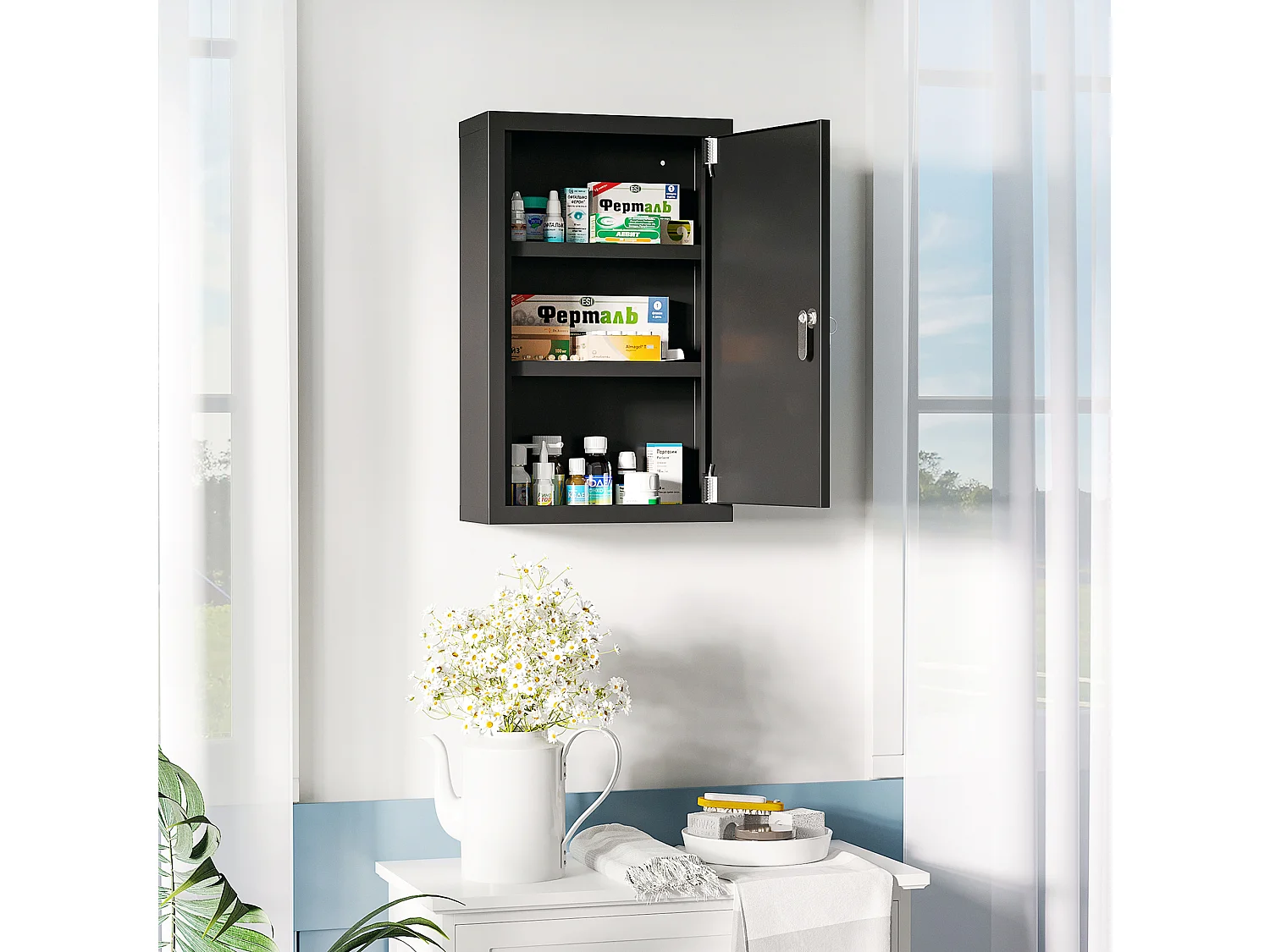 Armadietto medicinali 3 ripiani e blocco con chiavi nero