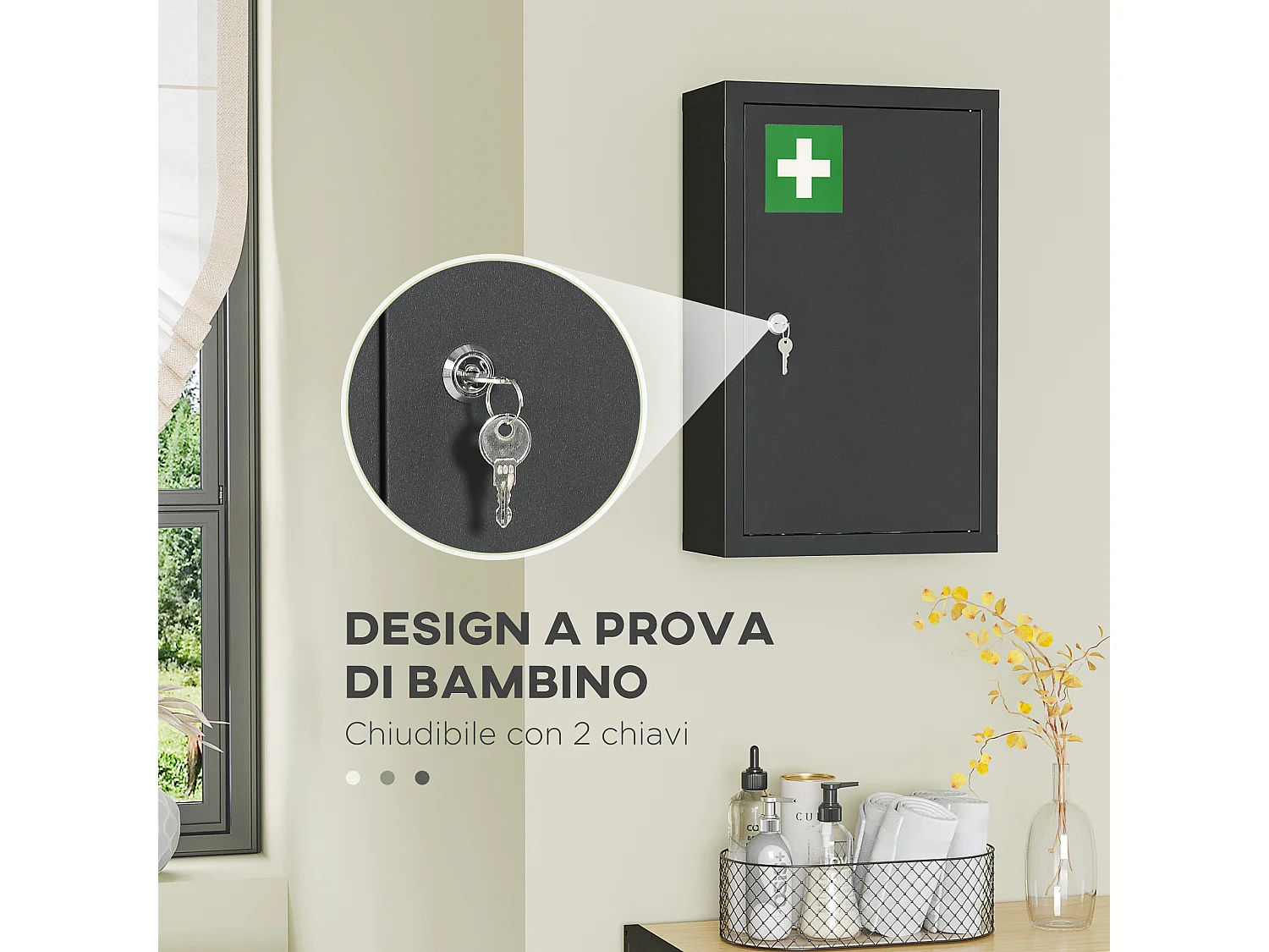 Armadietto medicinali 3 ripiani e blocco con chiavi nero