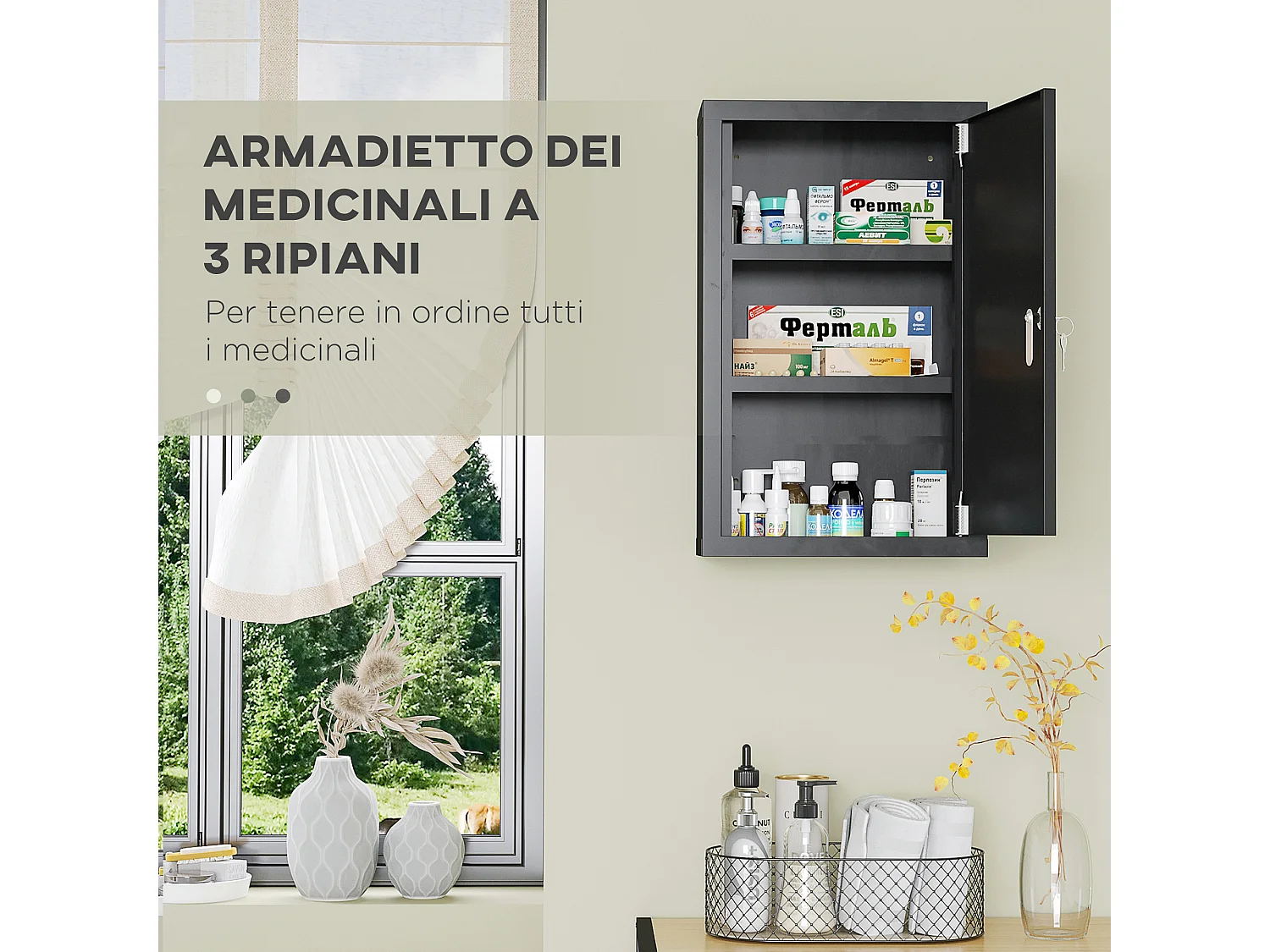 Armadietto medicinali 3 ripiani e blocco con chiavi nero