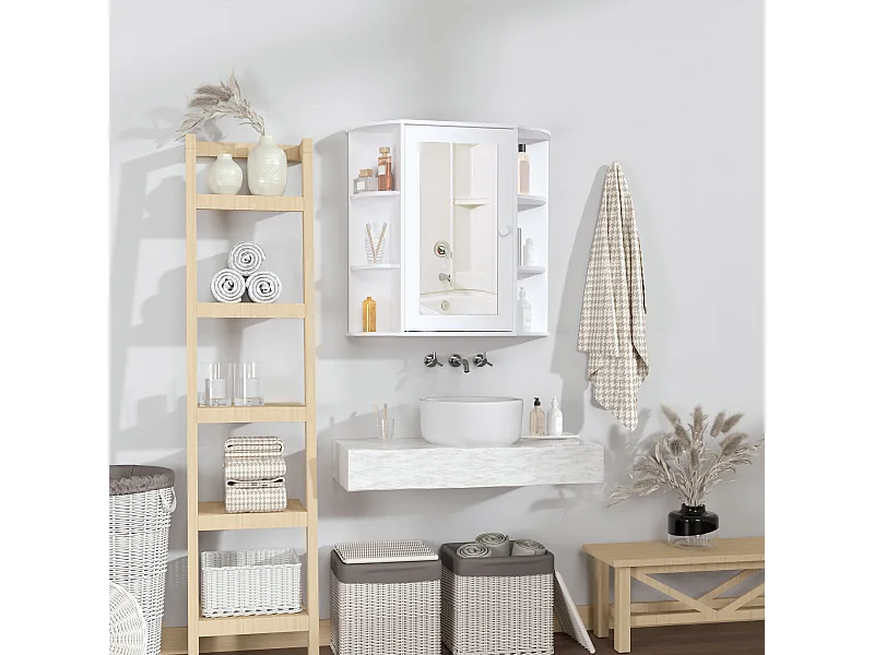 Mobiletto pensile da bagno con specchiera con mensole in legno bianco