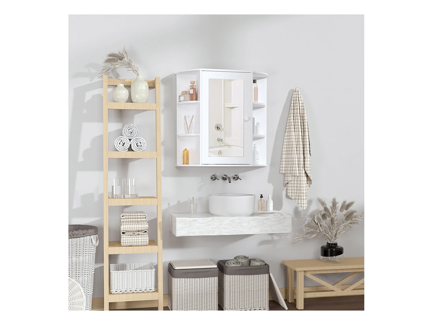 Mobiletto pensile da bagno con specchiera con mensole in legno bianco