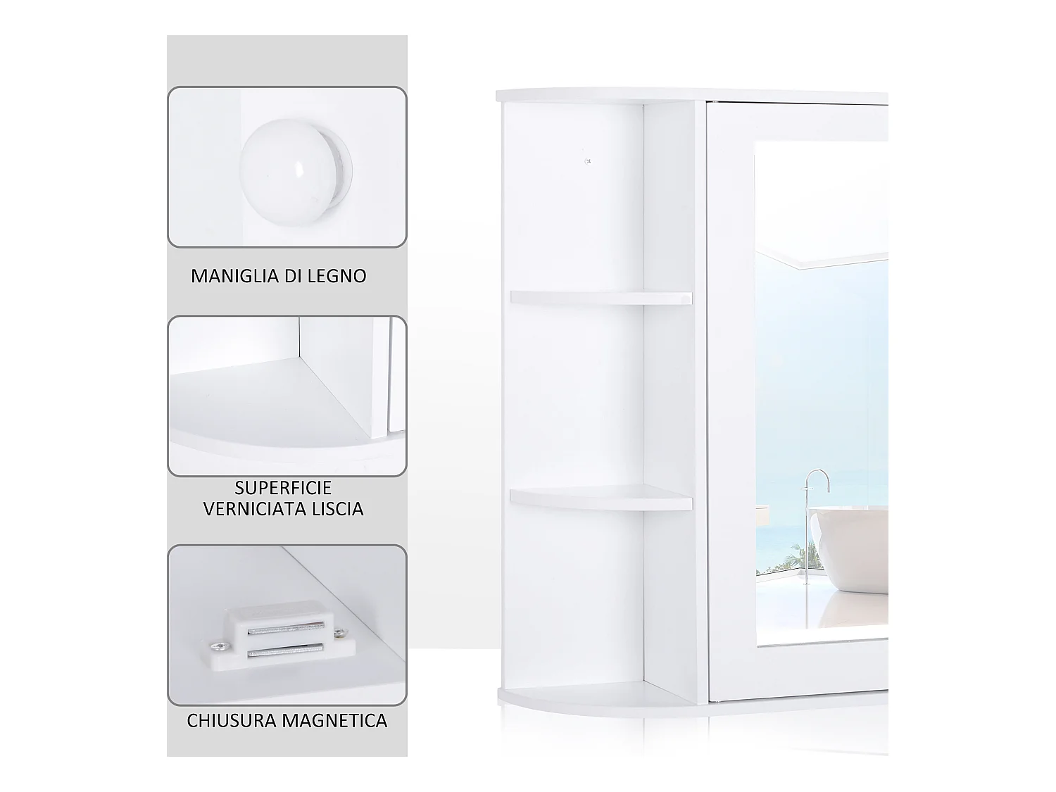 Mobiletto pensile da bagno con specchiera con mensole in legno bianco