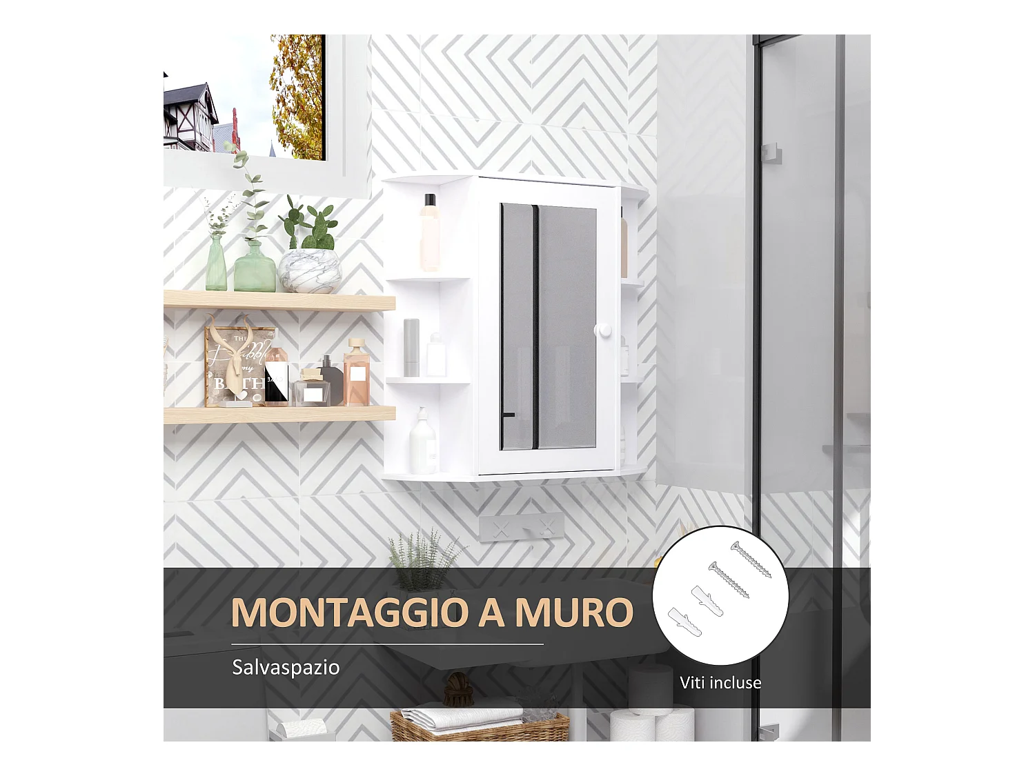 Mobiletto pensile da bagno con specchiera con mensole in legno bianco