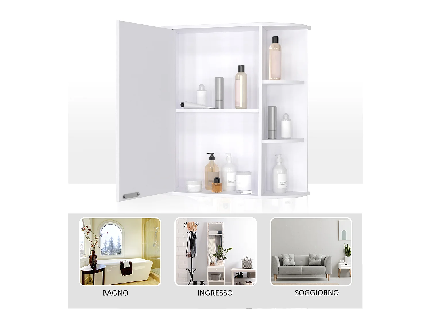 Mobiletto pensile da bagno con specchiera con mensole in legno bianco