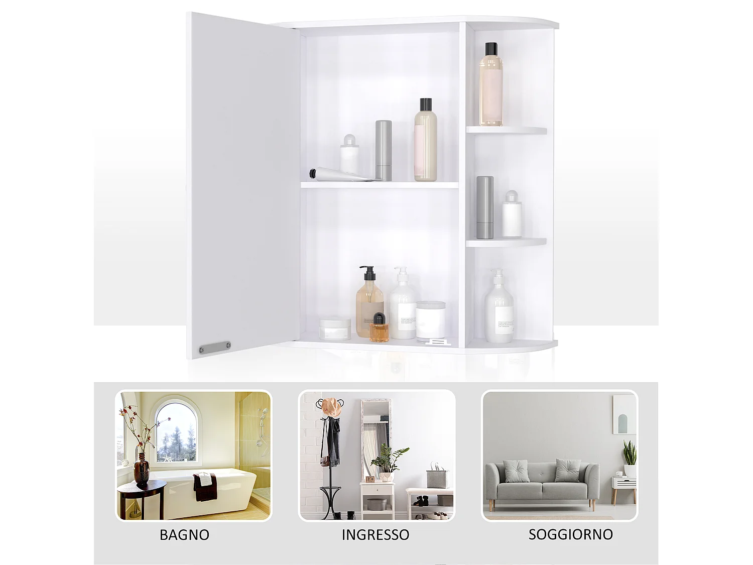 Mobiletto pensile da bagno con specchiera con mensole in legno bianco