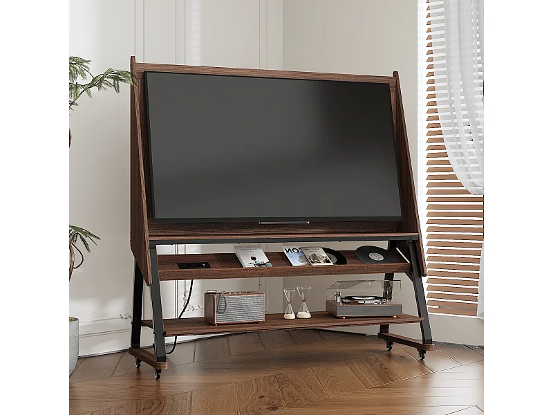 Meuble TV avec 3 Étagères, 2 Prises et 2 Ports USB, Cadre en Métal, à Roulettes, 133 x 47 x 136 CM, Salon, Café