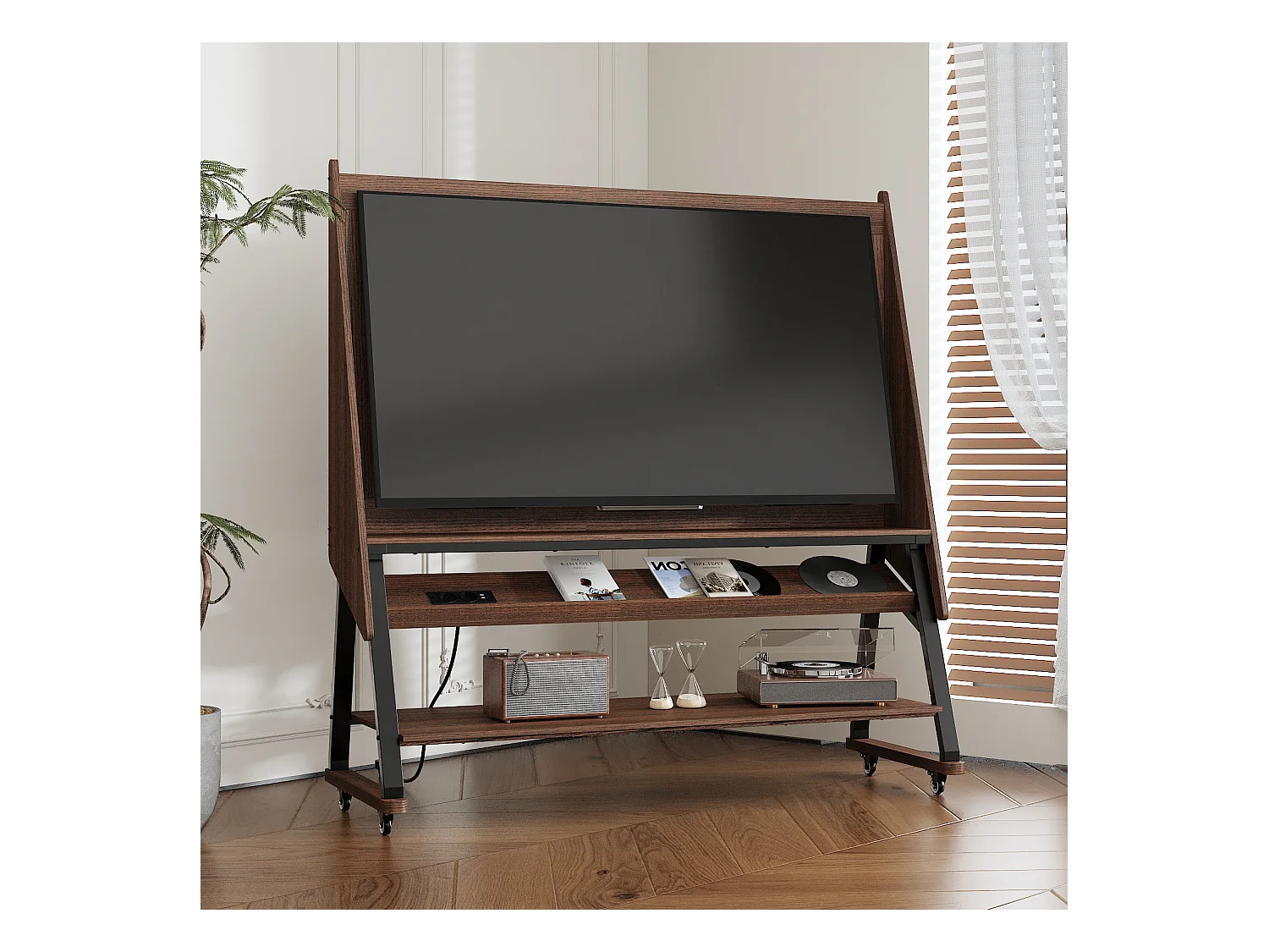 Meuble TV avec 3 Étagères, 2 Prises et 2 Ports USB, Cadre en Métal, à Roulettes, 133 x 47 x 136 CM, Salon, Café