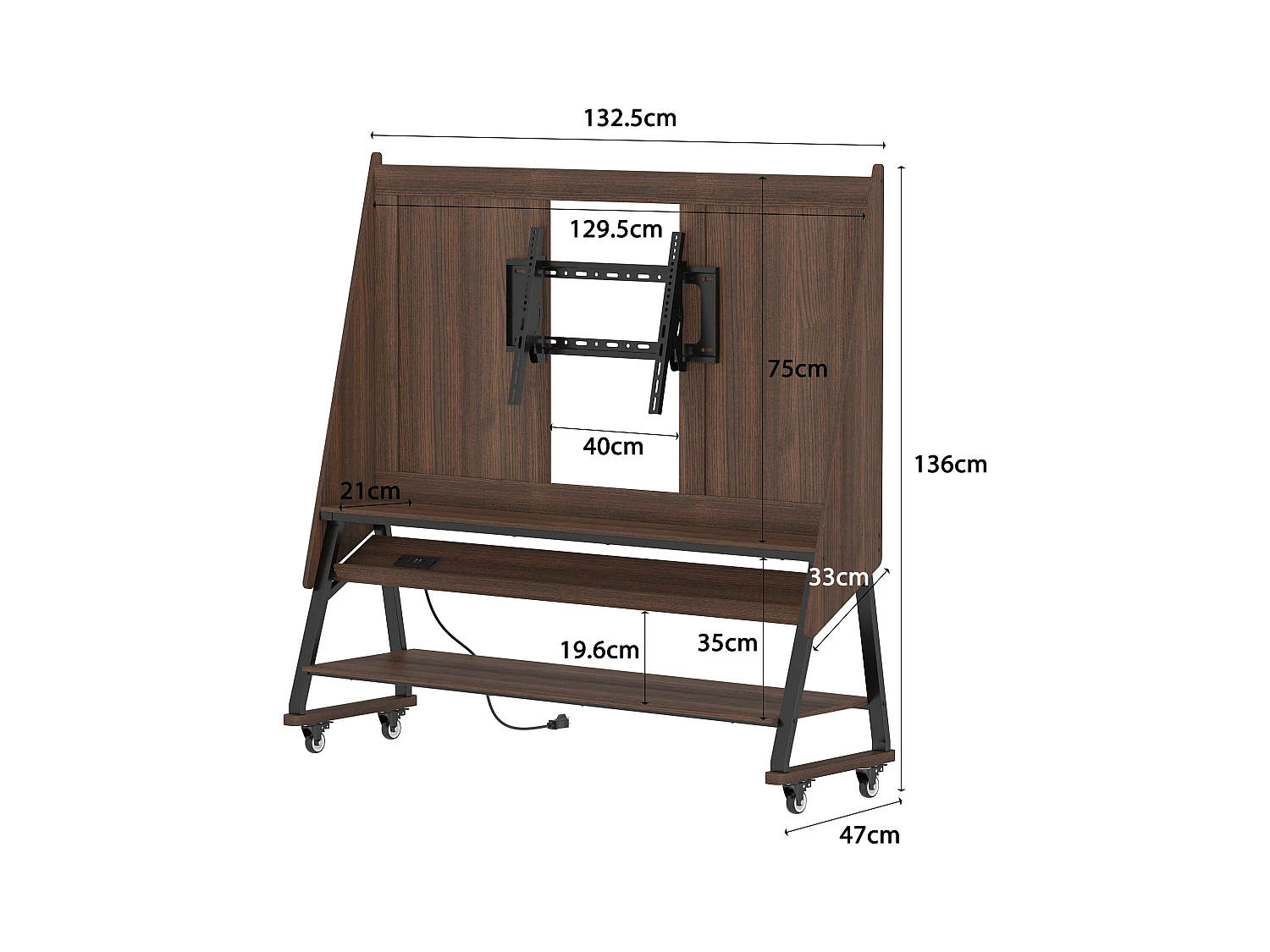 Meuble TV avec 3 Étagères, 2 Prises et 2 Ports USB, Cadre en Métal, à Roulettes, 133 x 47 x 136 CM, Salon, Café