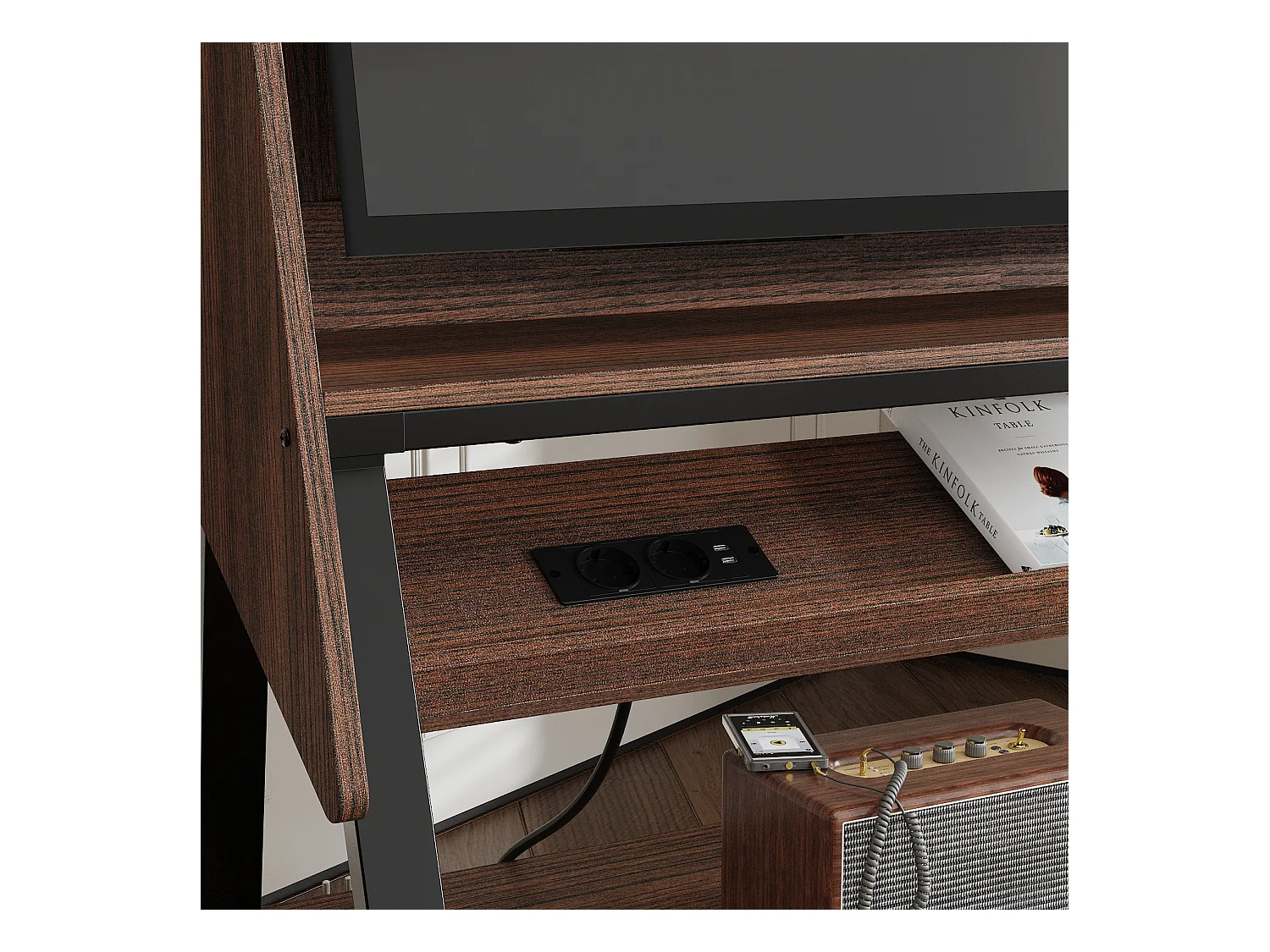 Meuble TV avec 3 Étagères, 2 Prises et 2 Ports USB, Cadre en Métal, à Roulettes, 133 x 47 x 136 CM, Salon, Café