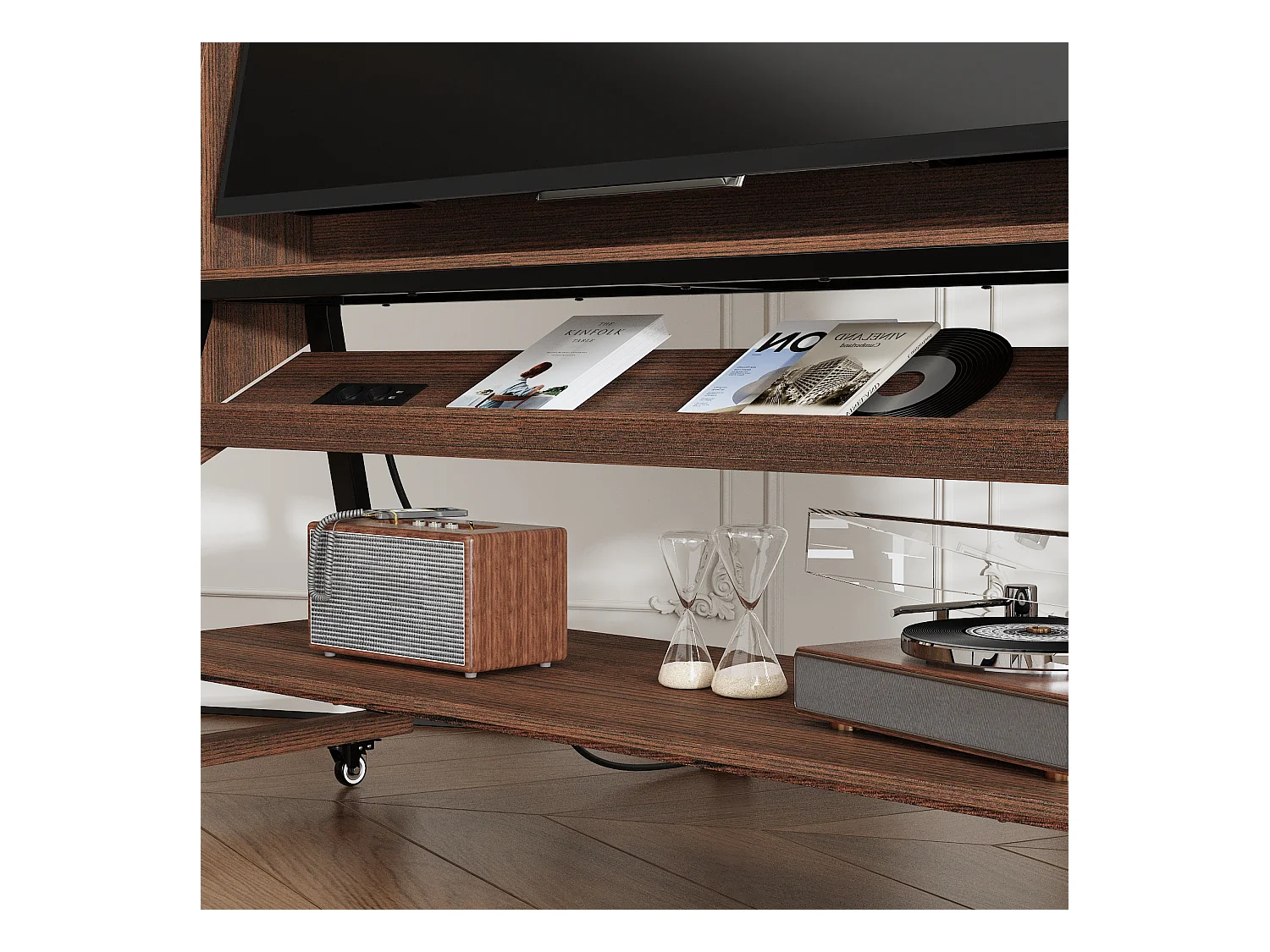 Meuble TV avec 3 Étagères, 2 Prises et 2 Ports USB, Cadre en Métal, à Roulettes, 133 x 47 x 136 CM, Salon, Café
