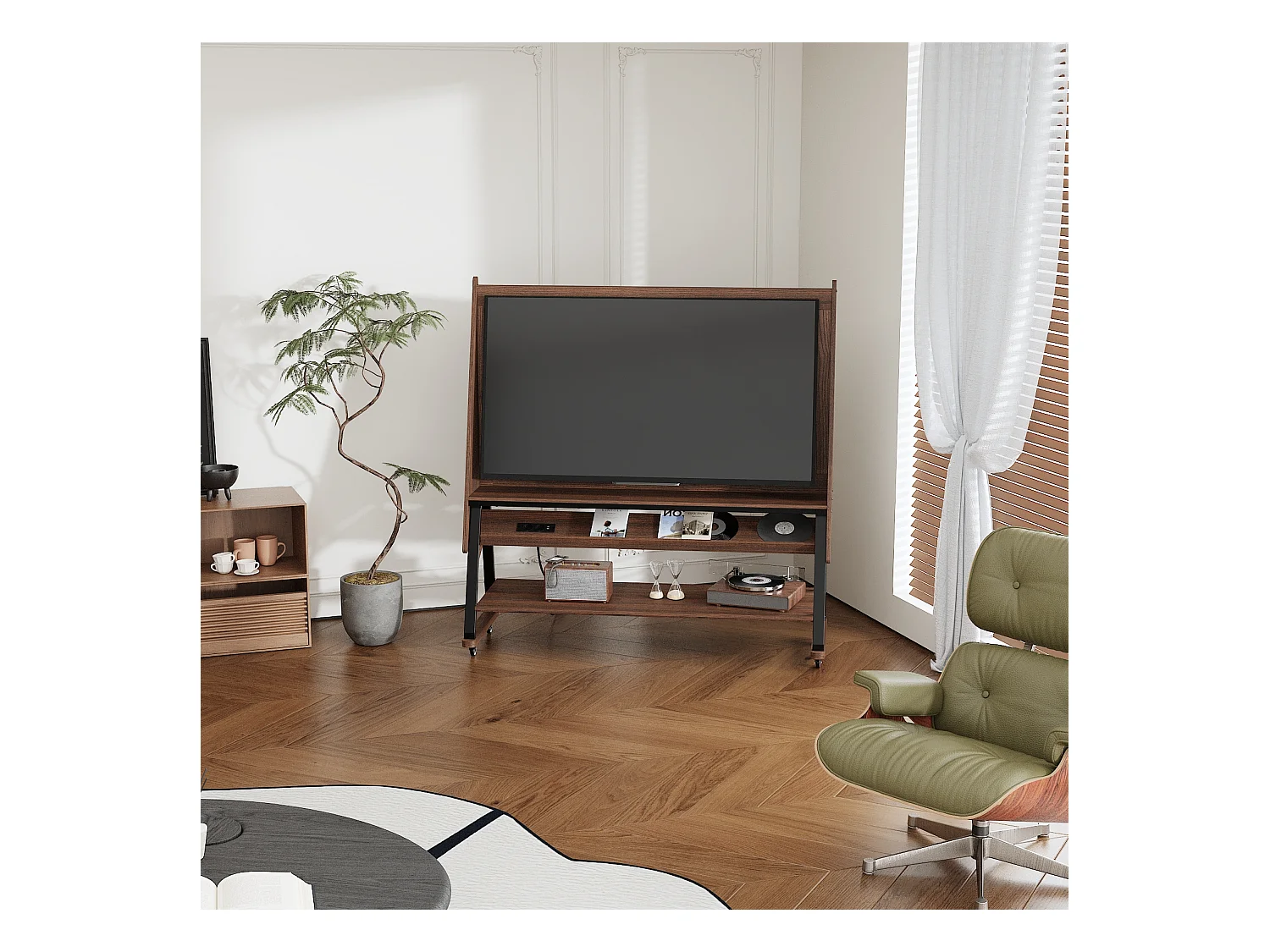 Meuble TV avec 3 Étagères, 2 Prises et 2 Ports USB, Cadre en Métal, à Roulettes, 133 x 47 x 136 CM, Salon, Café