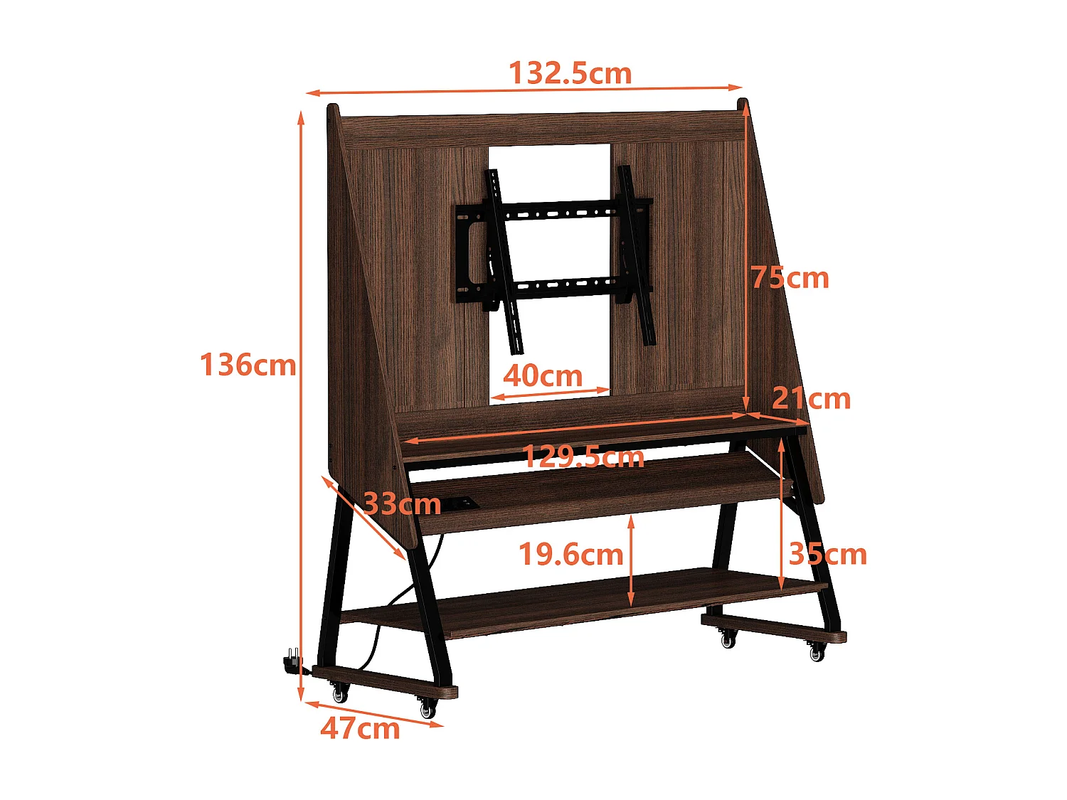 Petit Support TV sur Pied à Roulettes avec Cadre en Métal, Meuble TV avec 3 Étagères et Prises, 32 à 55 Pouce TV, Café