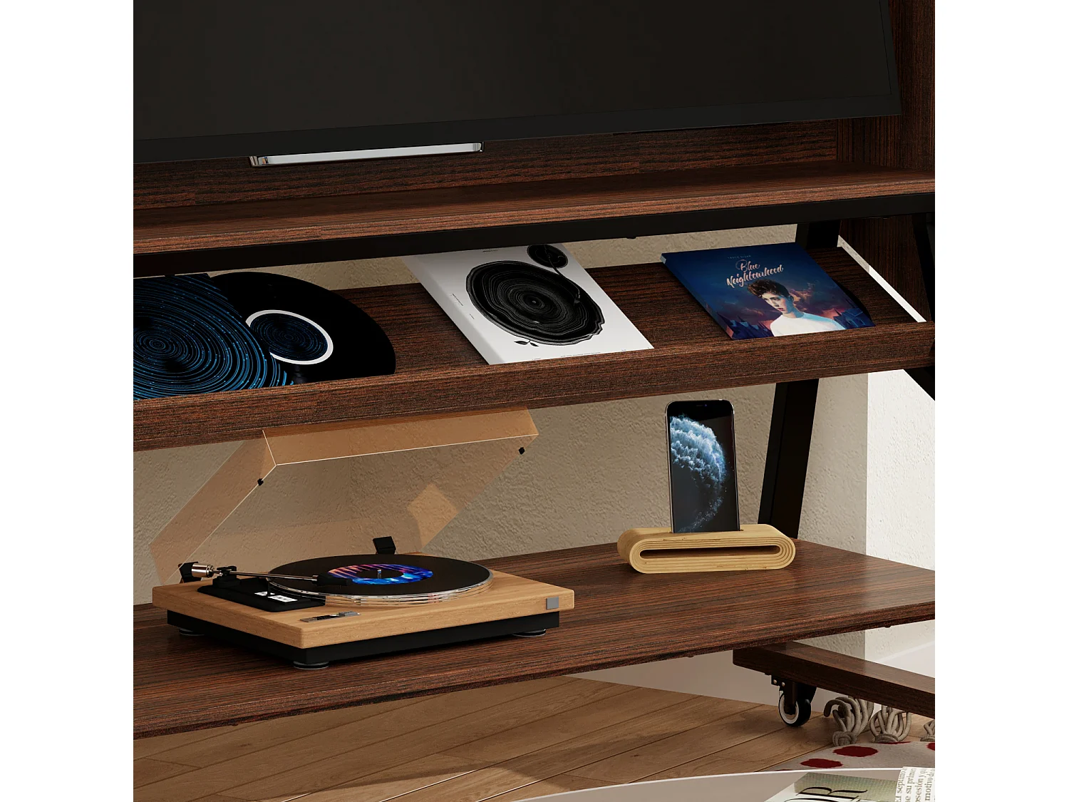 Petit Support TV sur Pied à Roulettes avec Cadre en Métal, Meuble TV avec 3 Étagères et Prises, 32 à 55 Pouce TV, Café