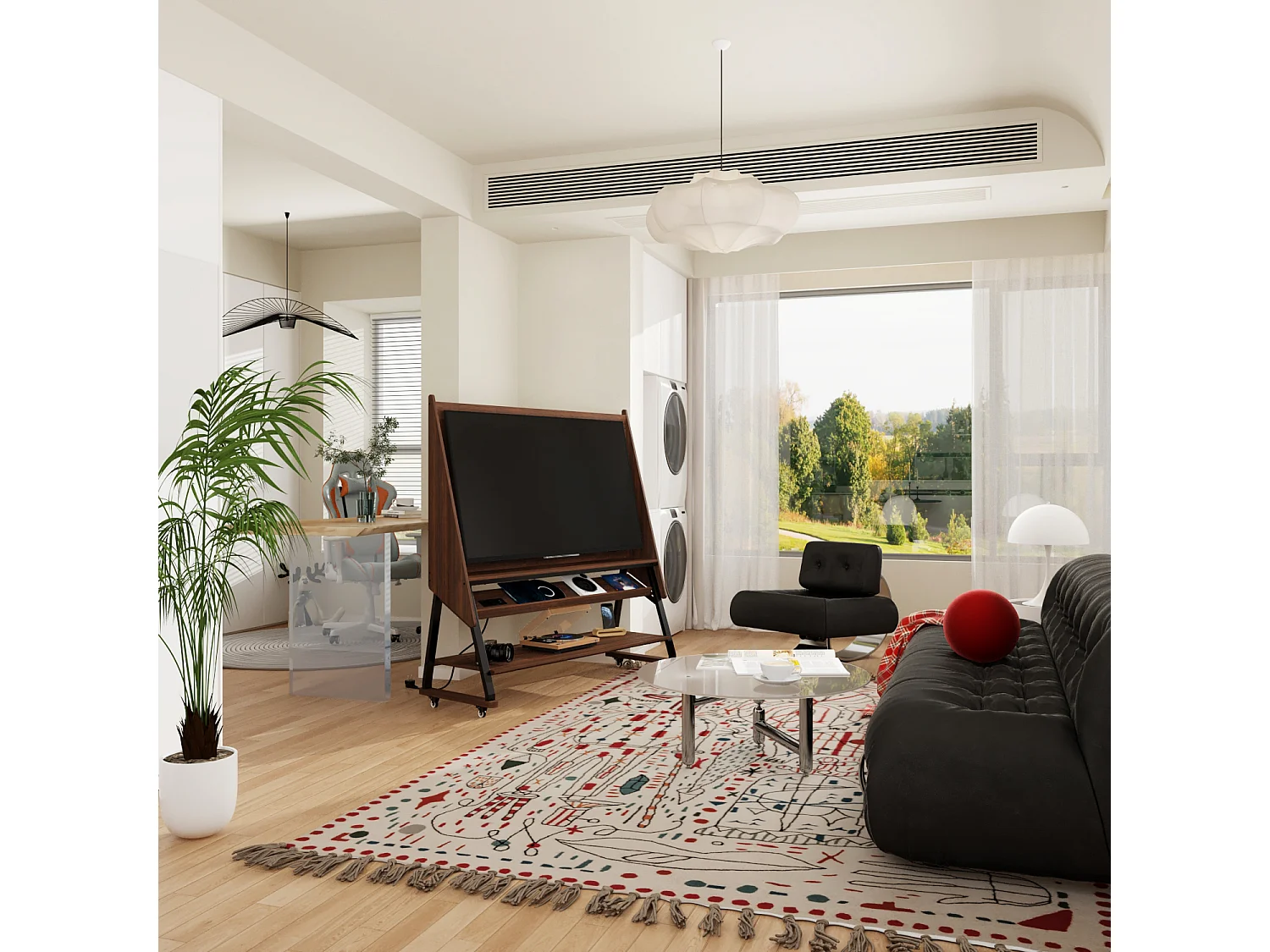 Petit Support TV sur Pied à Roulettes avec Cadre en Métal, Meuble TV avec 3 Étagères et Prises, 32 à 55 Pouce TV, Café