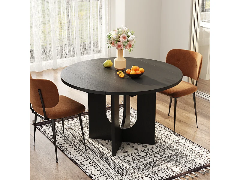Table à Manger avec Pieds Renforcés en croix,  Table Ronde Pliable  avec Aspect du Bois, 120 x 120 x 75 cm, Noir