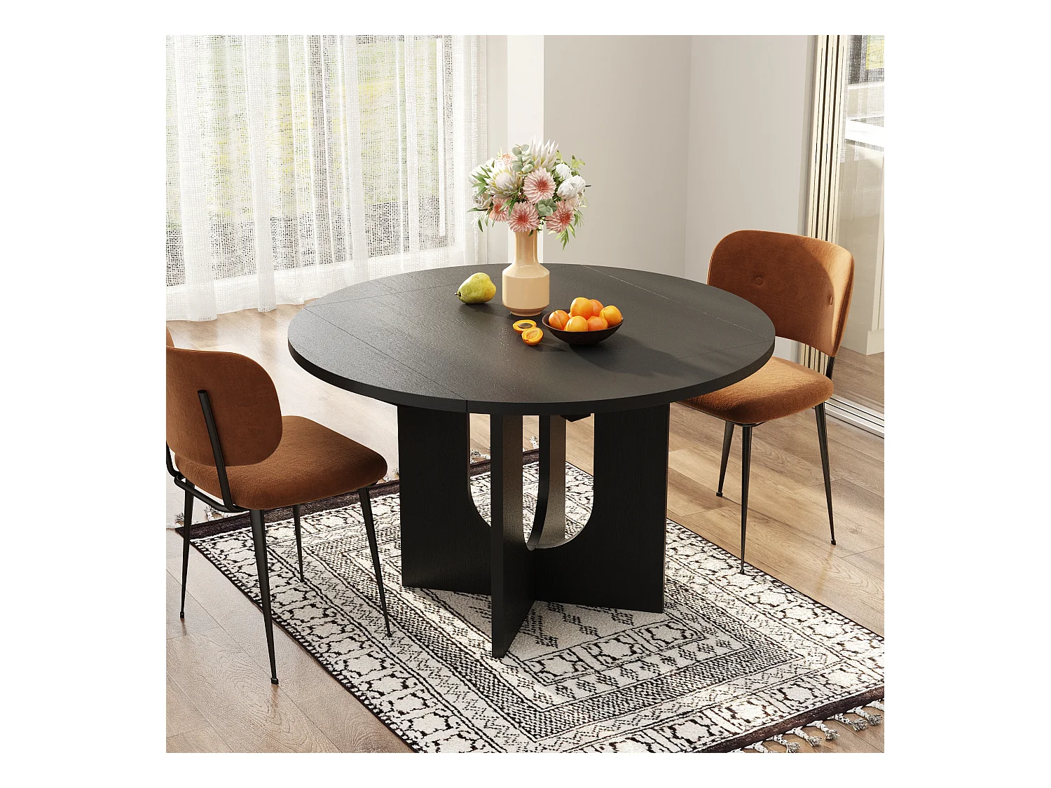 Table à Manger avec Pieds Renforcés en croix,  Table Ronde Pliable  avec Aspect du Bois, 120 x 120 x 75 cm, Noir