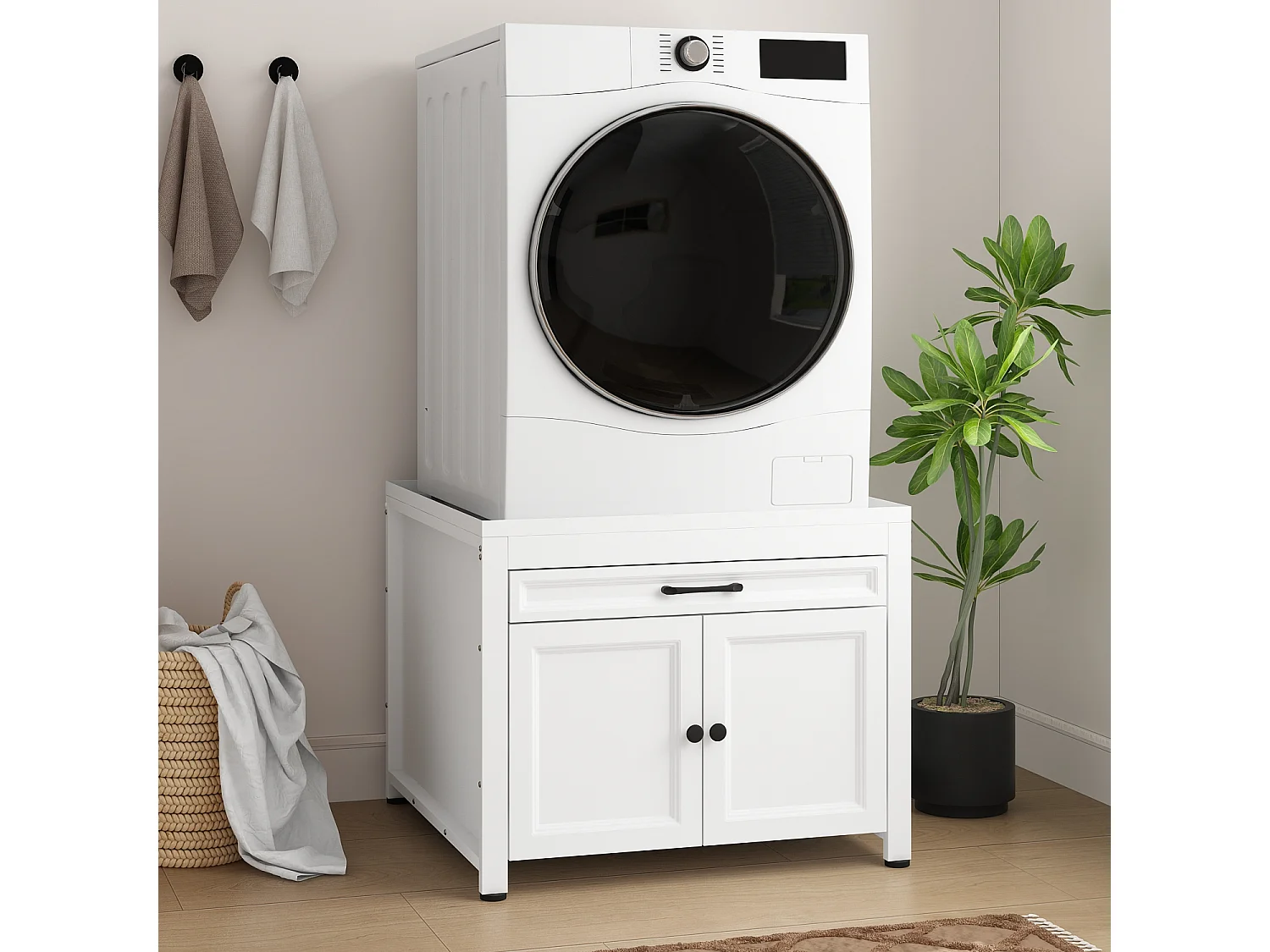 Meuble Bas pour Machine à Laver avec Tiroir et Portes, Meuble de Salle de Bain avec Cadre en Métal, 70x70x57, Blanc