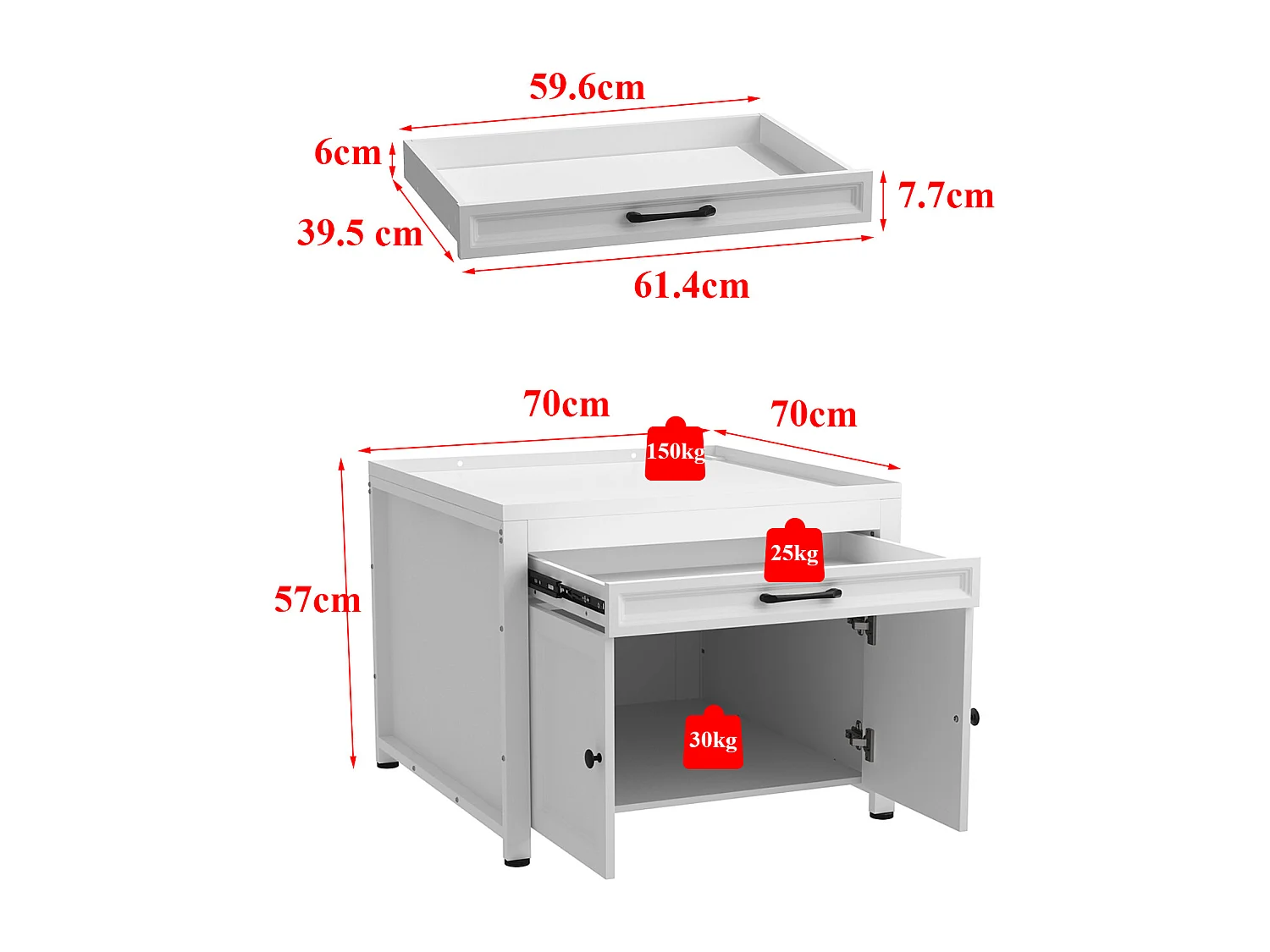 Meuble Bas pour Machine à Laver avec Tiroir et Portes, Meuble de Salle de Bain avec Cadre en Métal, 70x70x57, Blanc