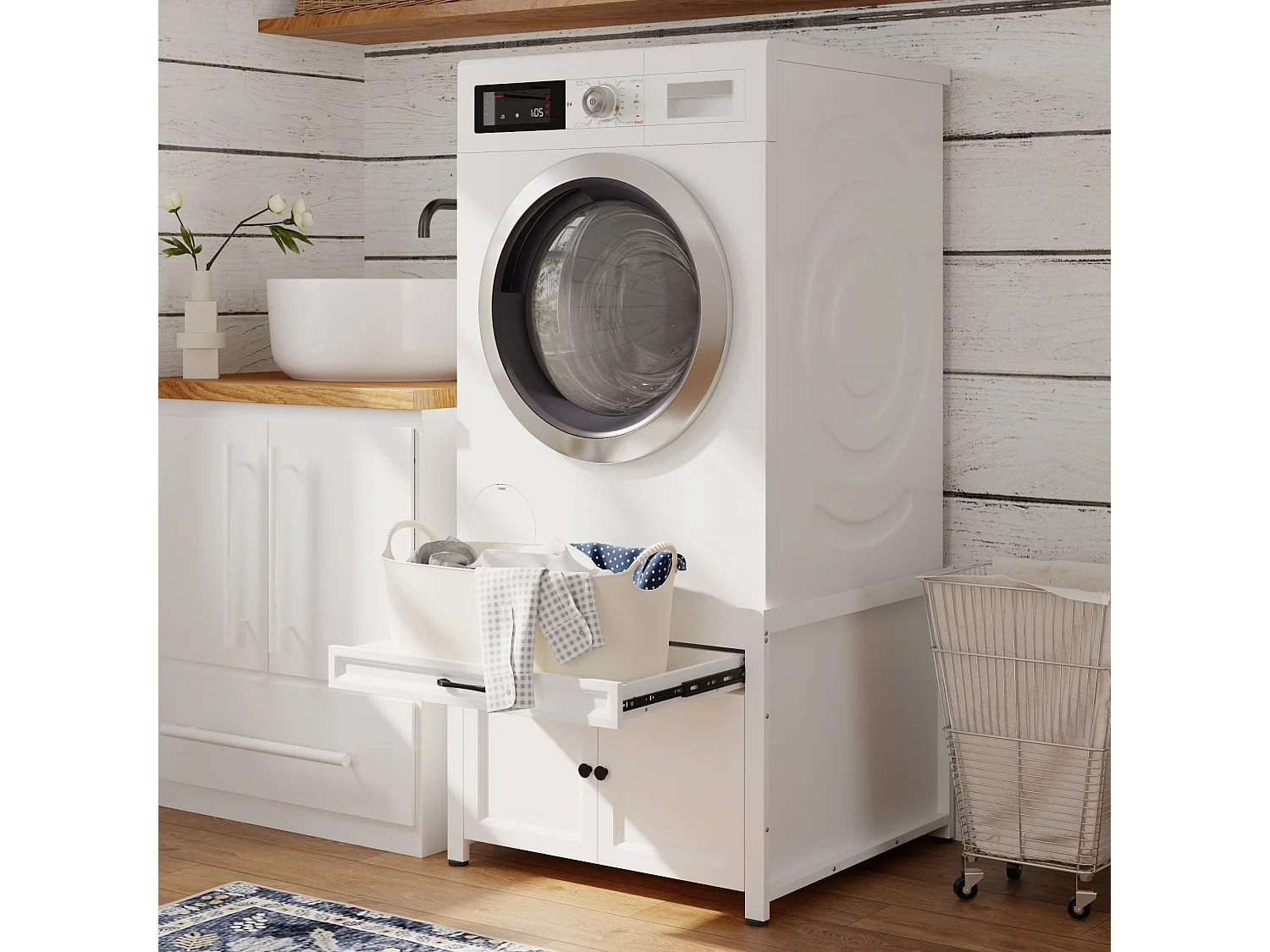 Meuble Bas pour Machine à Laver avec Tiroir et Portes, Meuble de Salle de Bain avec Cadre en Métal, 70x70x57, Blanc