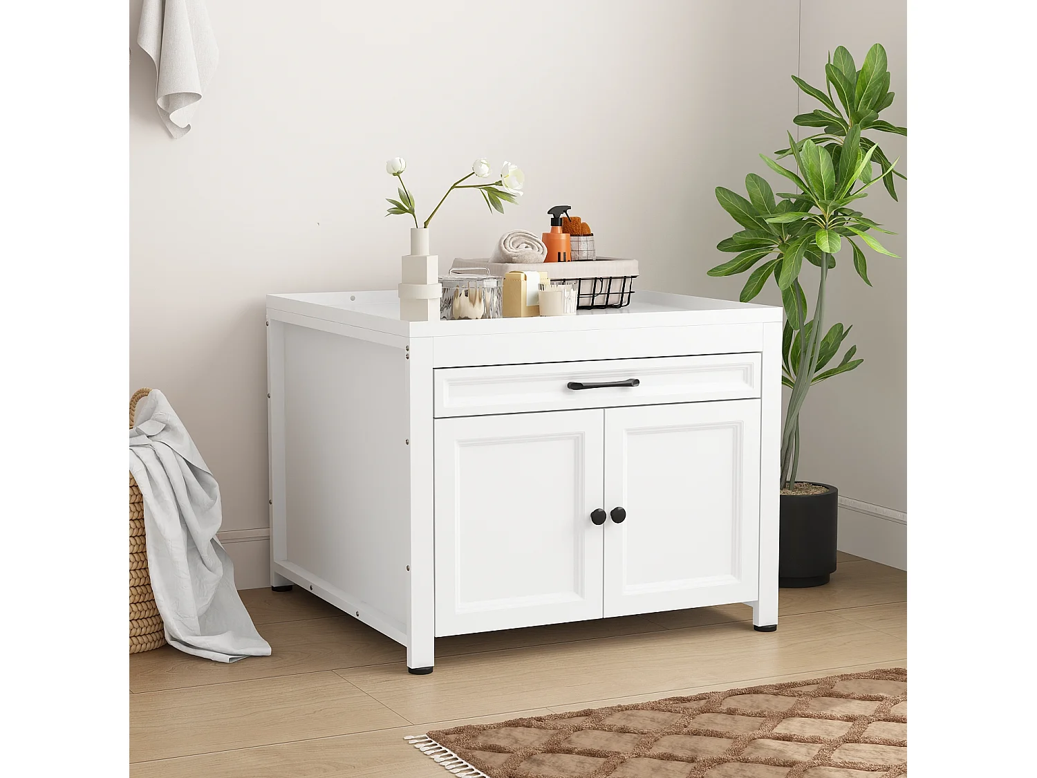 Meuble Bas pour Machine à Laver avec Tiroir et Portes, Meuble de Salle de Bain avec Cadre en Métal, 70x70x57, Blanc