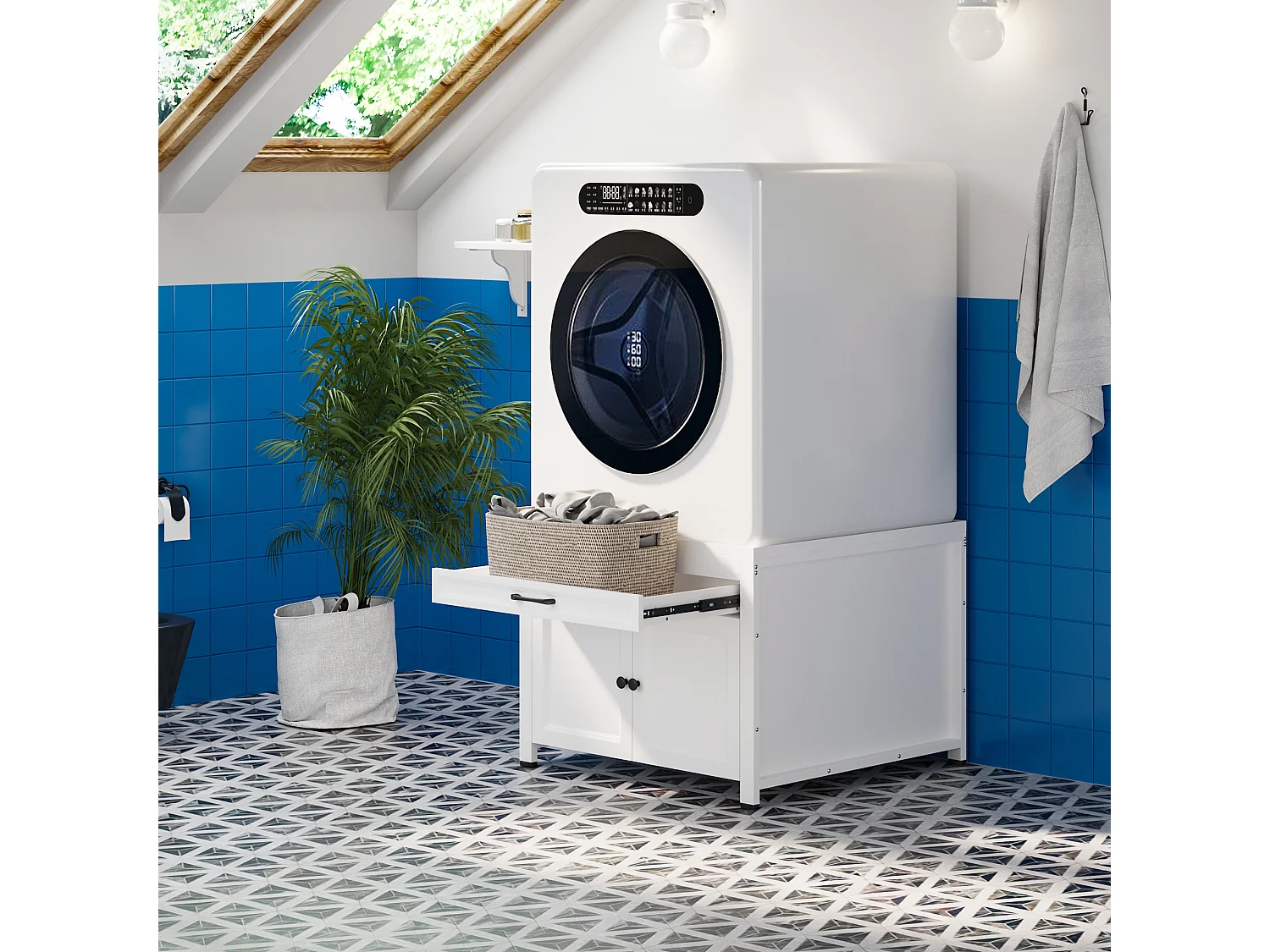 Meuble Bas pour Machine à Laver avec Tiroir et Portes, Meuble de Salle de Bain avec Cadre en Métal, 70x70x57, Blanc