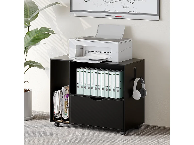 Caisson de Bureau avec 1 Tiroir, 2 Compartiments, Desserte de Bureau à Roulettes, 60 x 40 x 60 cm, Noir