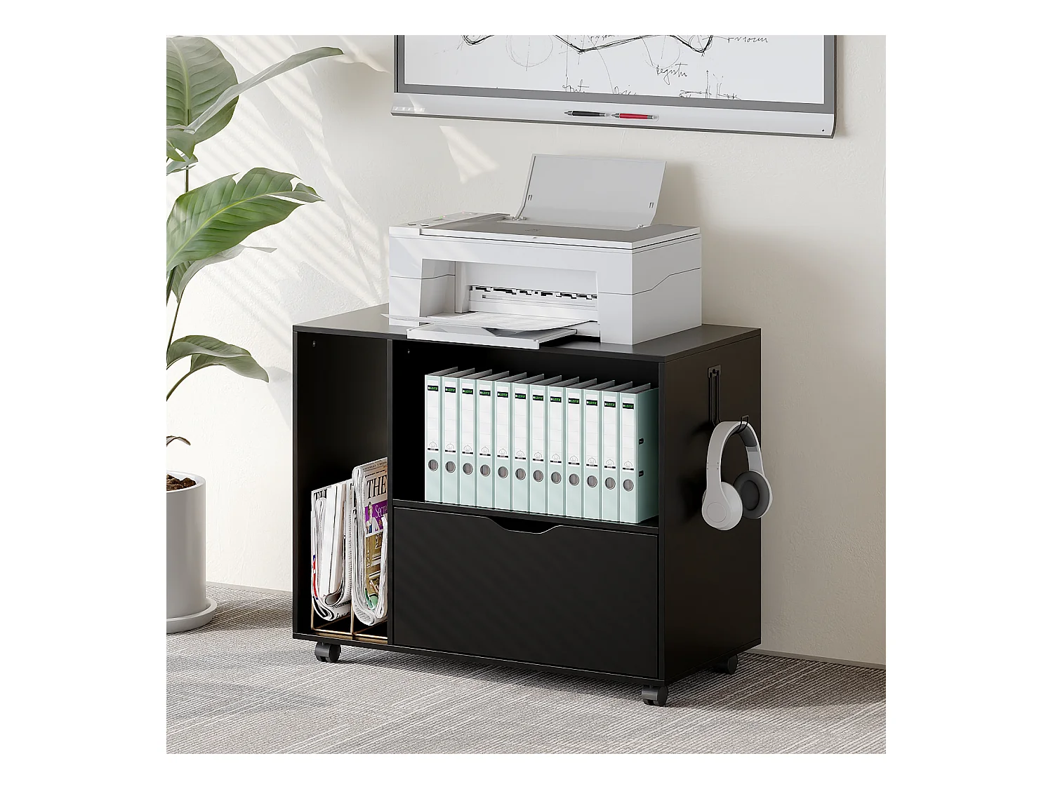 Caisson de Bureau avec 1 Tiroir, 2 Compartiments, Desserte de Bureau à Roulettes, 60 x 40 x 60 cm, Noir