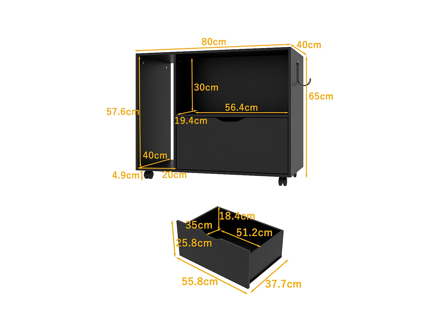 Caisson de Bureau avec 1 Tiroir, 2 Compartiments, Desserte de Bureau à Roulettes, 60 x 40 x 60 cm, Noir