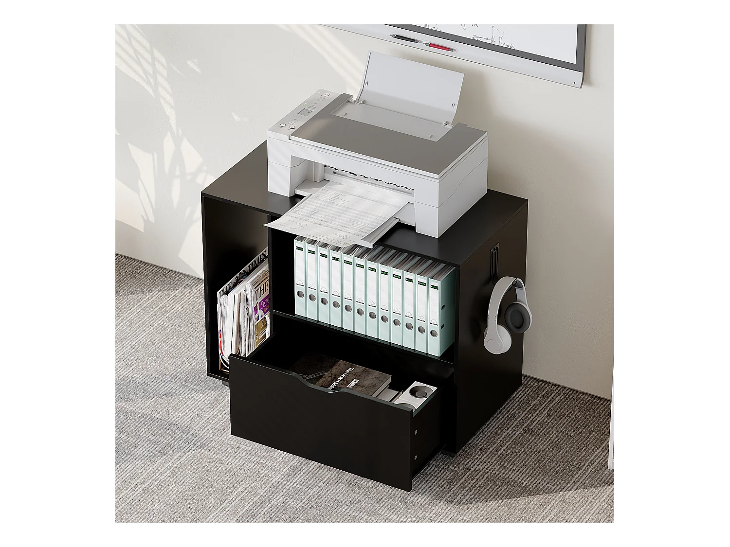 Caisson de Bureau avec 1 Tiroir, 2 Compartiments, Desserte de Bureau à Roulettes, 60 x 40 x 60 cm, Noir