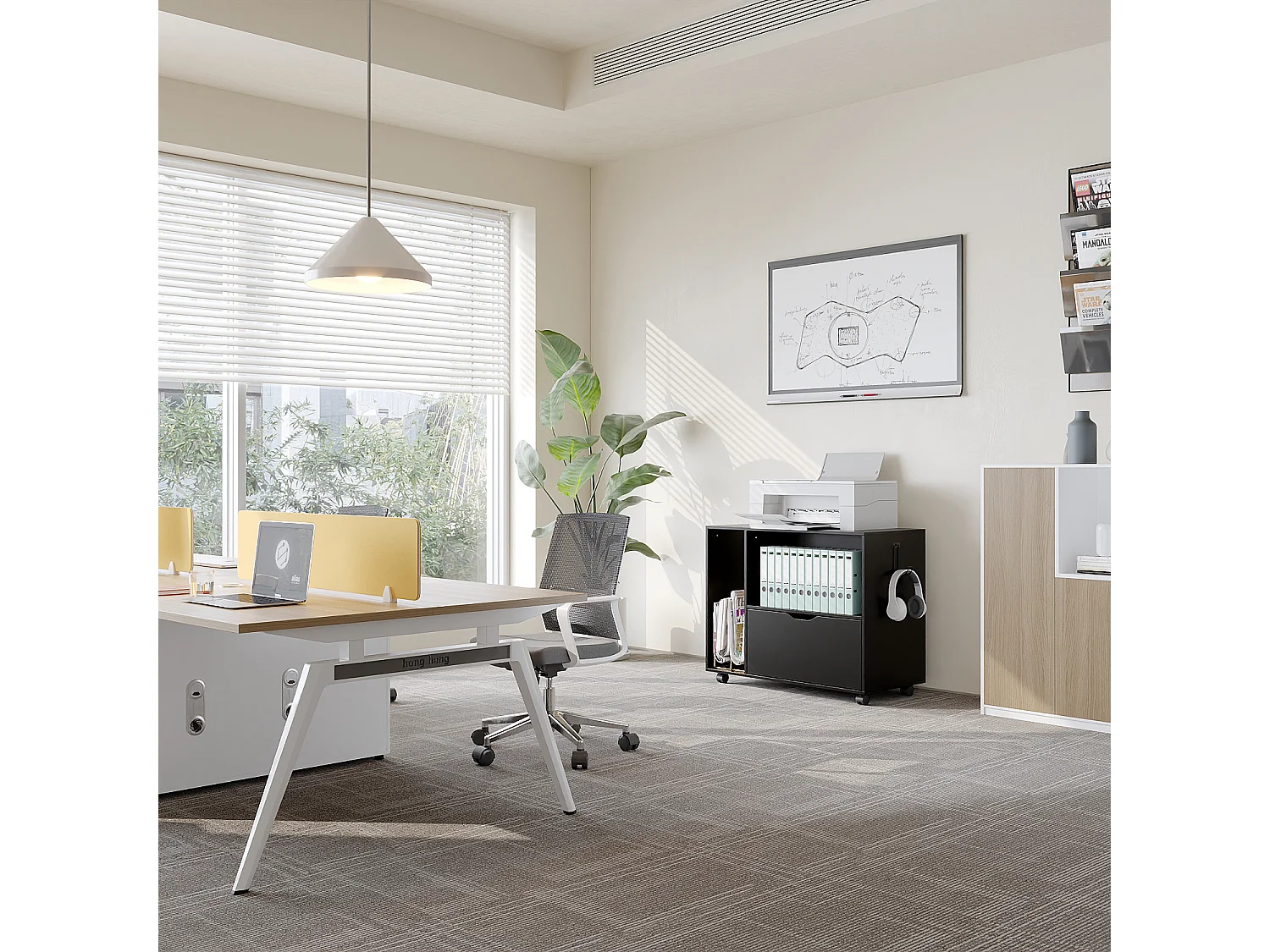 Caisson de Bureau avec 1 Tiroir, 2 Compartiments, Desserte de Bureau à Roulettes, 60 x 40 x 60 cm, Noir