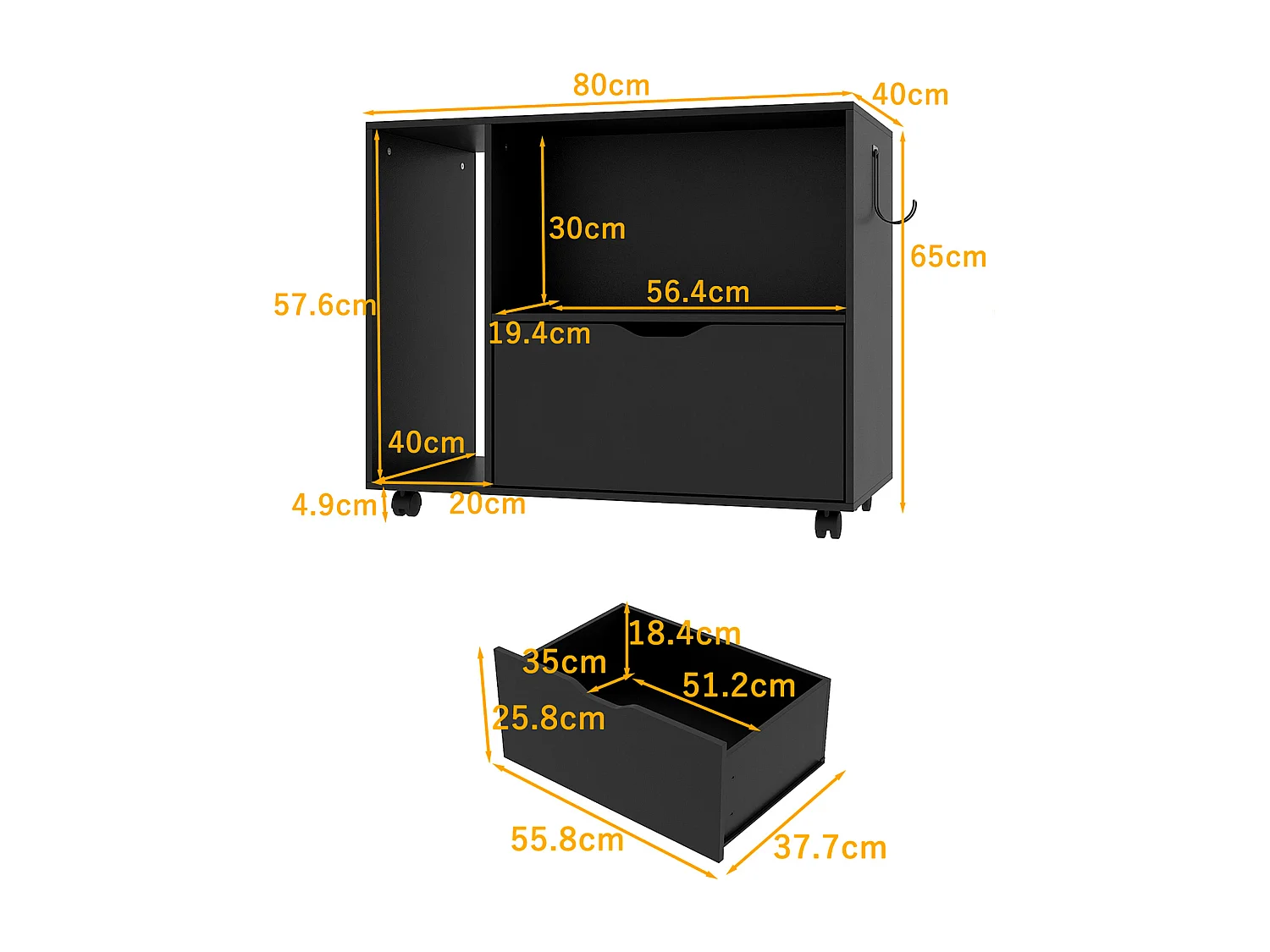 Caisson de Bureau avec 1 Tiroir, 2 Compartiments, Desserte de Bureau à Roulettes, 60 x 40 x 60 cm, Noir